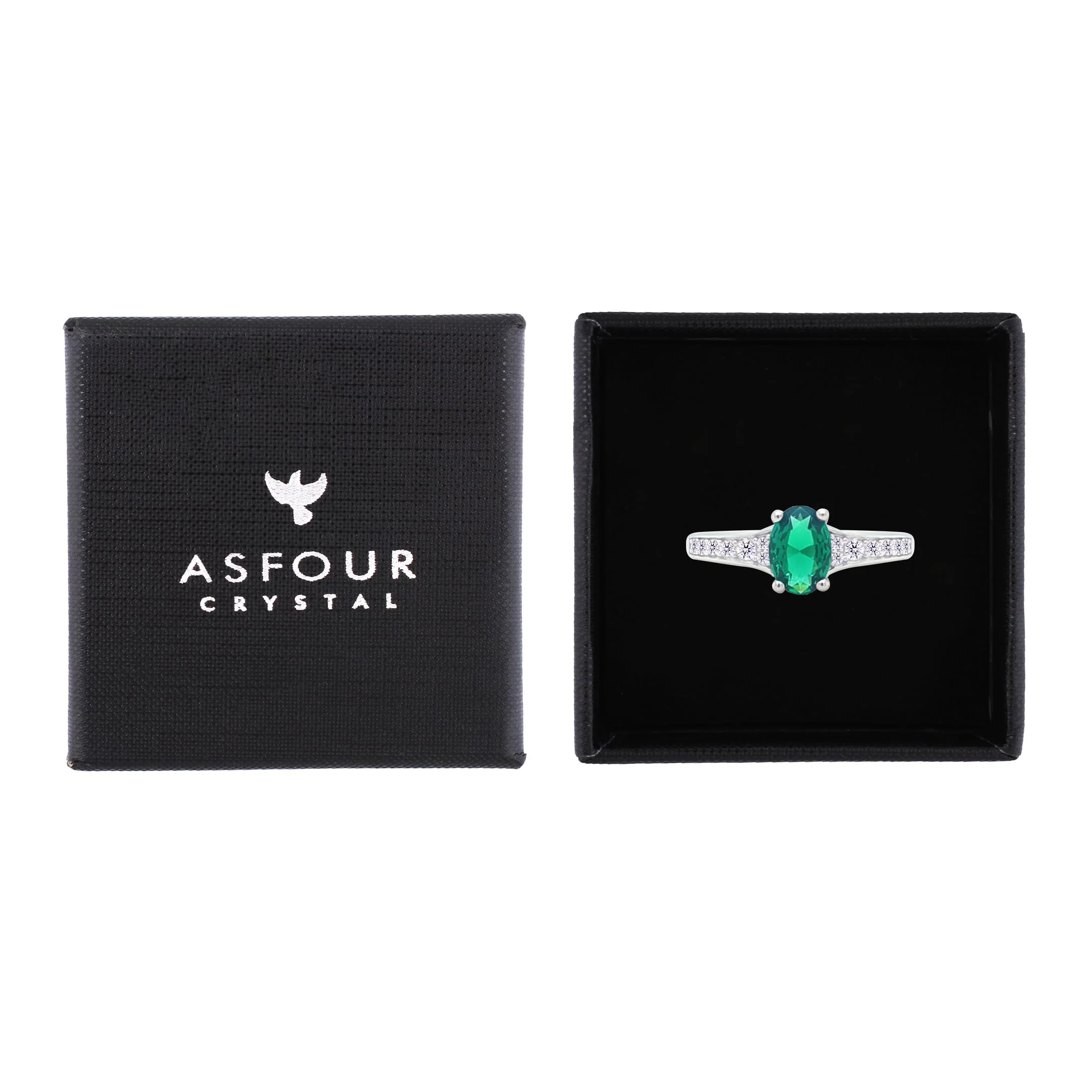 Asfour Crystal Fashion Ring With Emerald Green Oval Design In 925 Sterling Silver-RM0157-G-7 - Image 2