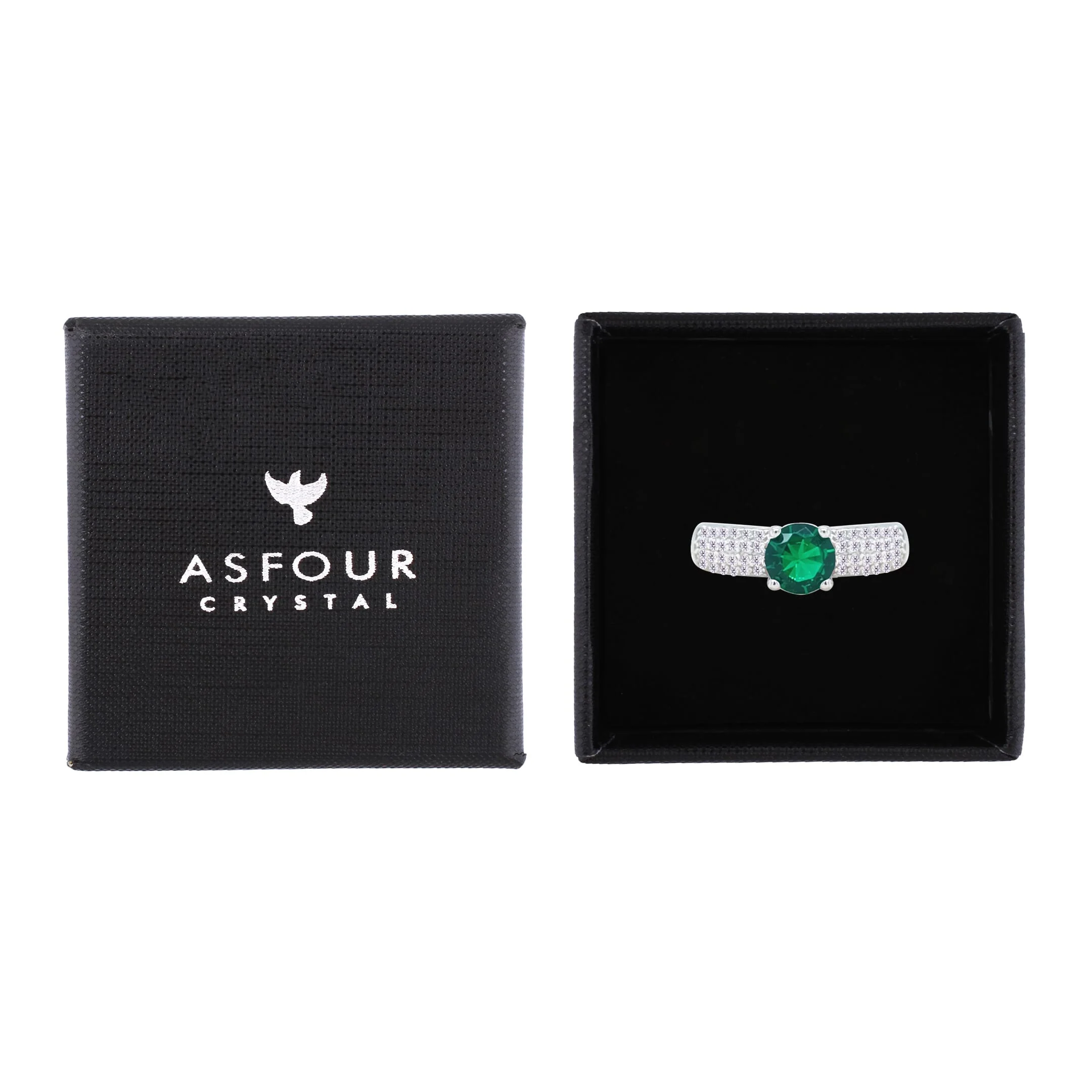 Asfour Crystal Fashion Ring With Emerald Green Round Design In 925 Sterling Silver-RM0138-WG-8 - Image 2