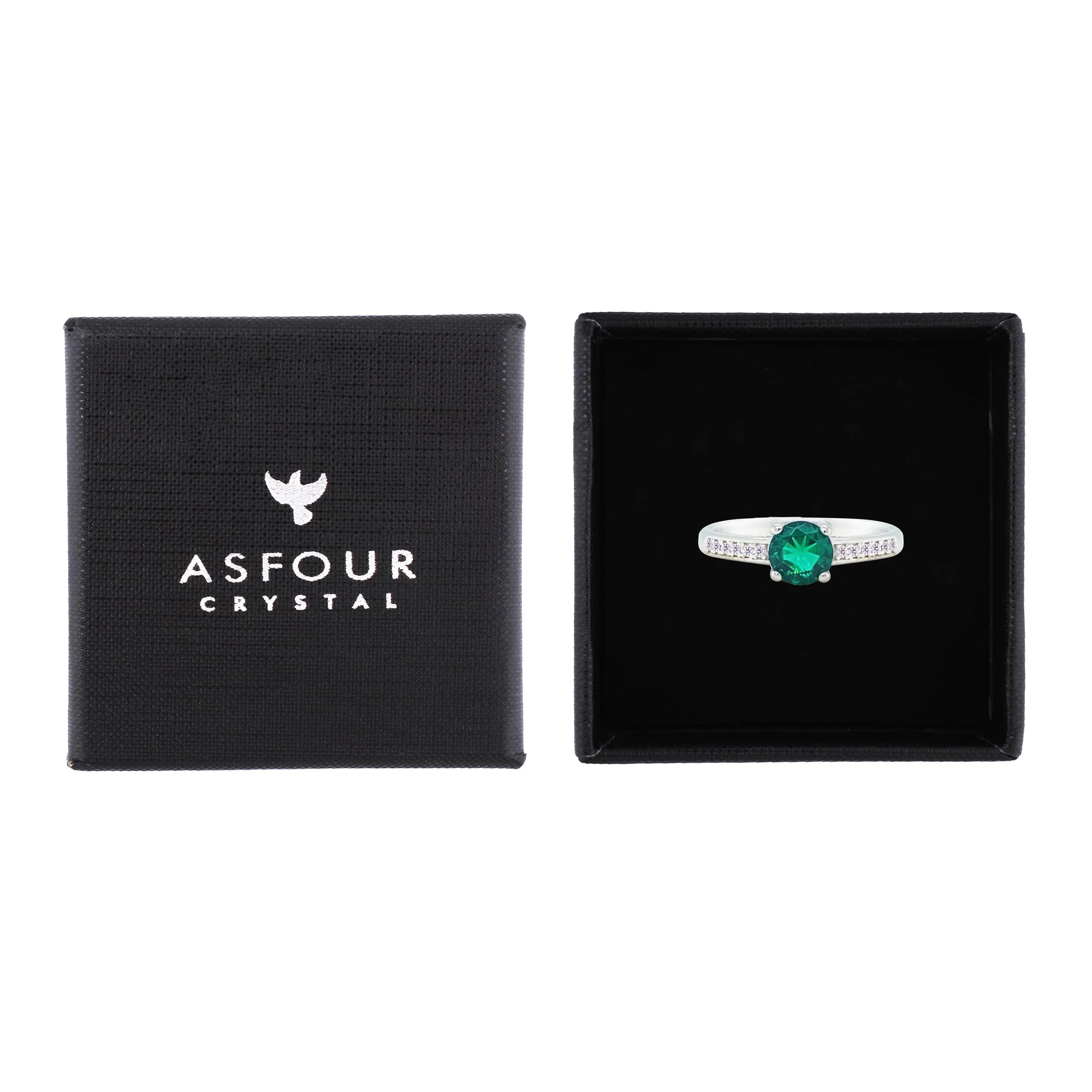 Asfour Crystal Fashion Ring With Emerald Green Round Design In 925 Sterling Silver-RM0144-G-7 - Image 2