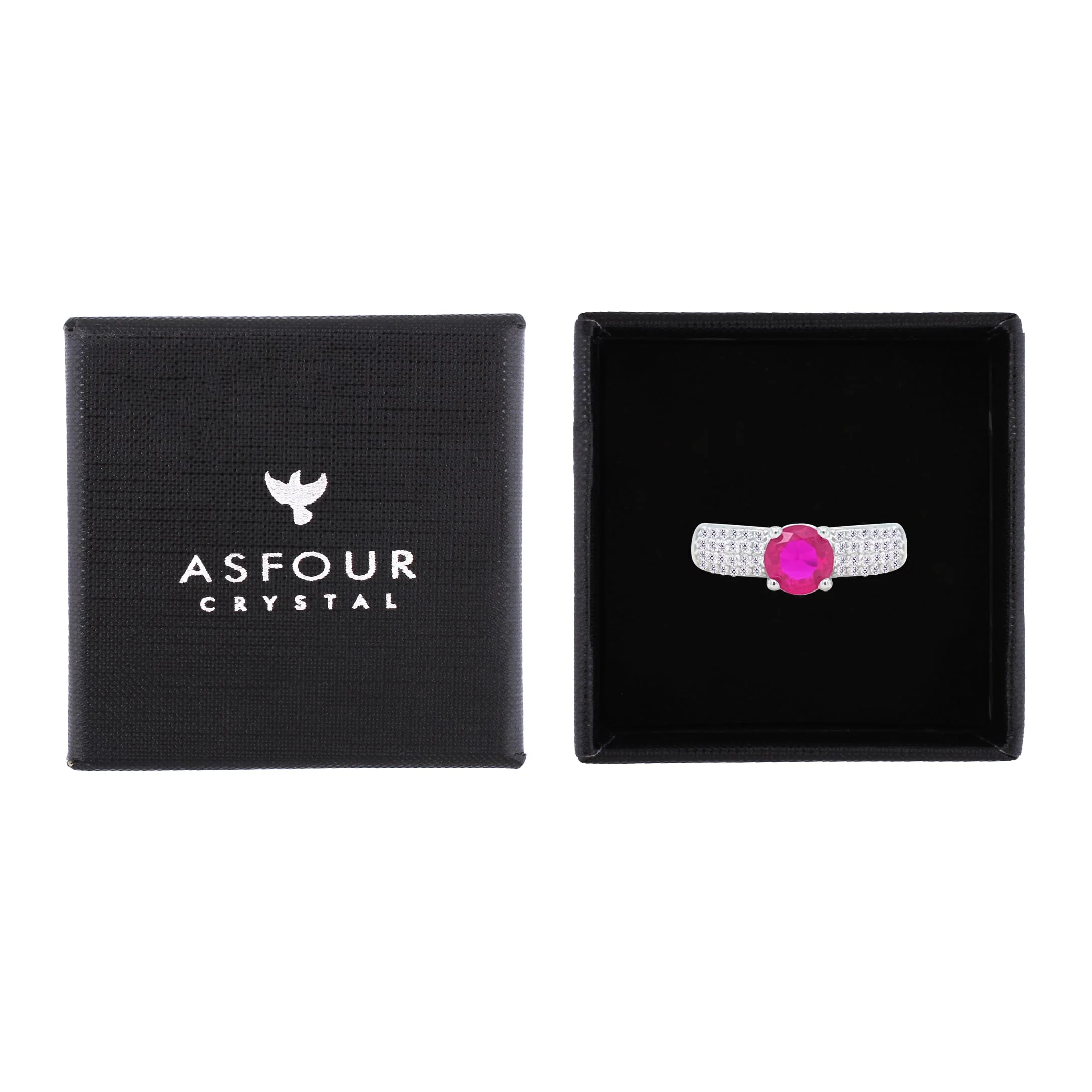 Asfour Crystal Fashion Ring With Fuchsia Round Design Inlaid With Zircon In 925 Sterling Silver-RM0138-WF-9 - Image 2