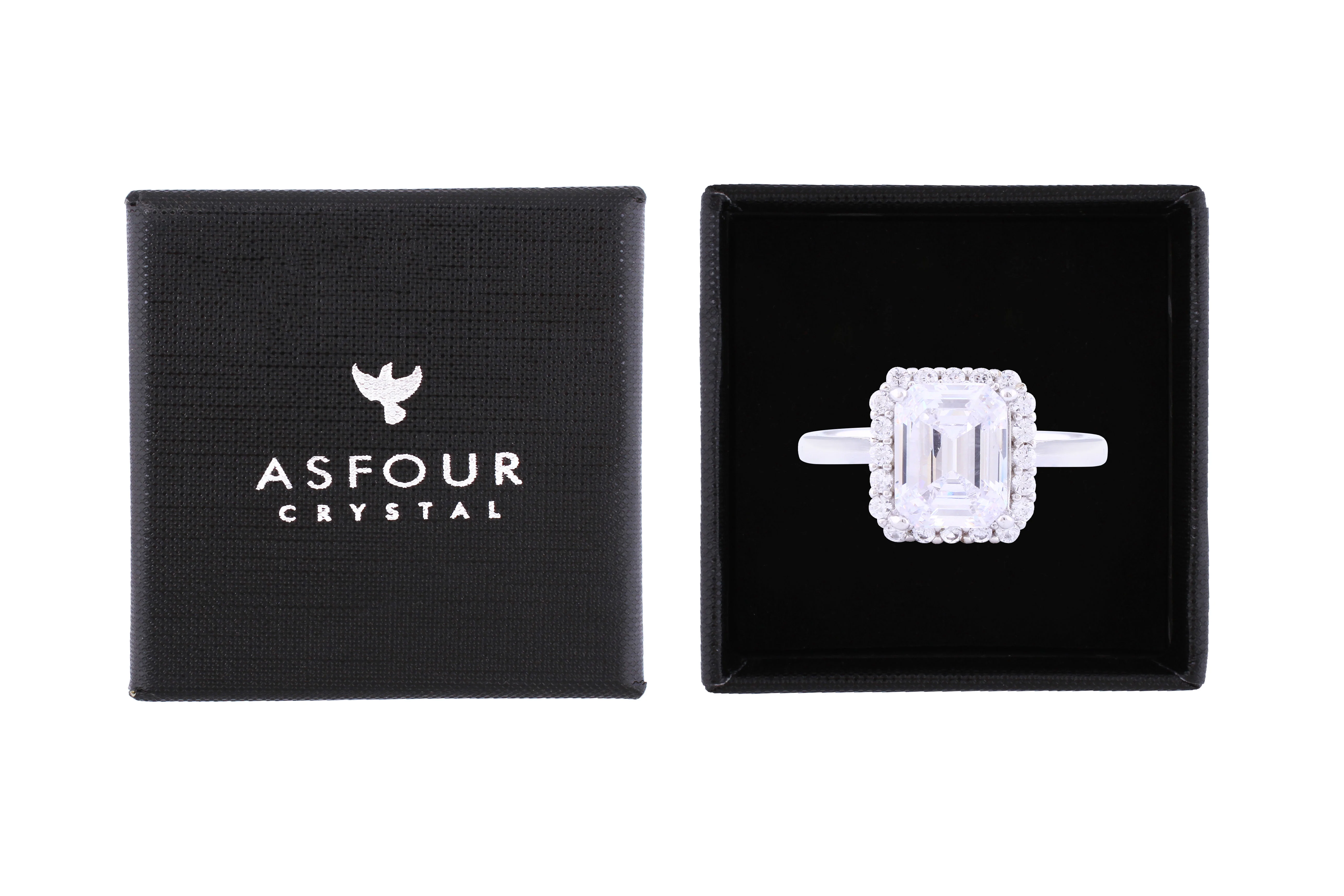 Asfour Crystal Halo Ring Inlaid With Emerald Cut Zircon Stone In 925 Sterling Silver RM0004-8 - Image 2
