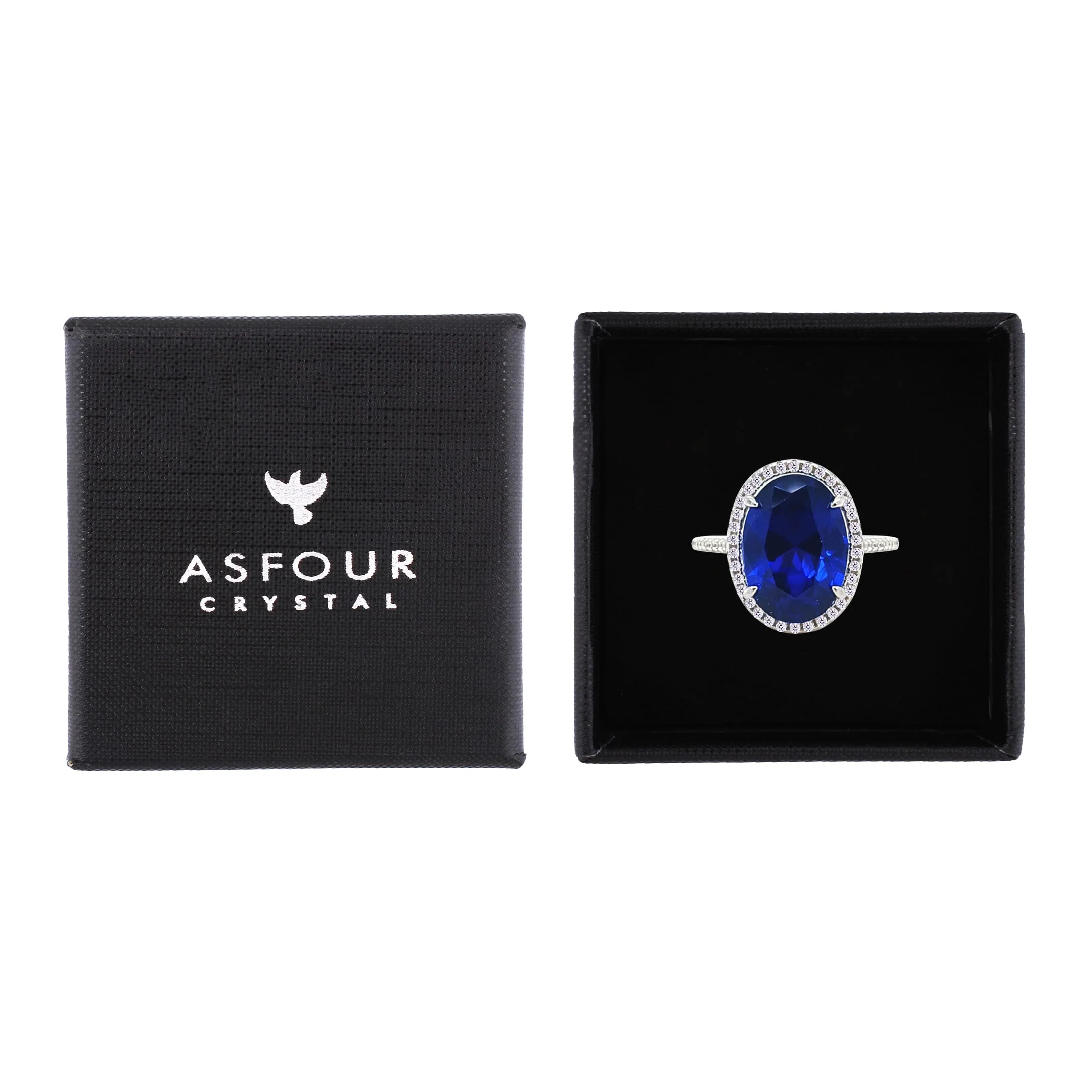 Asfour Crystal Halo Ring With Blue Oval Design In 925 Sterling Silver-RM0160-B-8 - Image 2