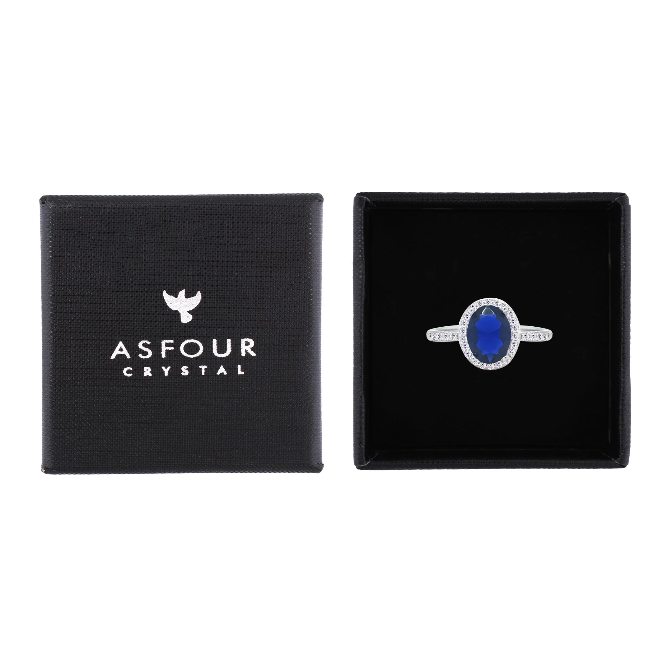 Asfour Crystal Halo Ring With Blue Oval Design In 925 Sterling Silver-RM0161-B-9 - Image 2