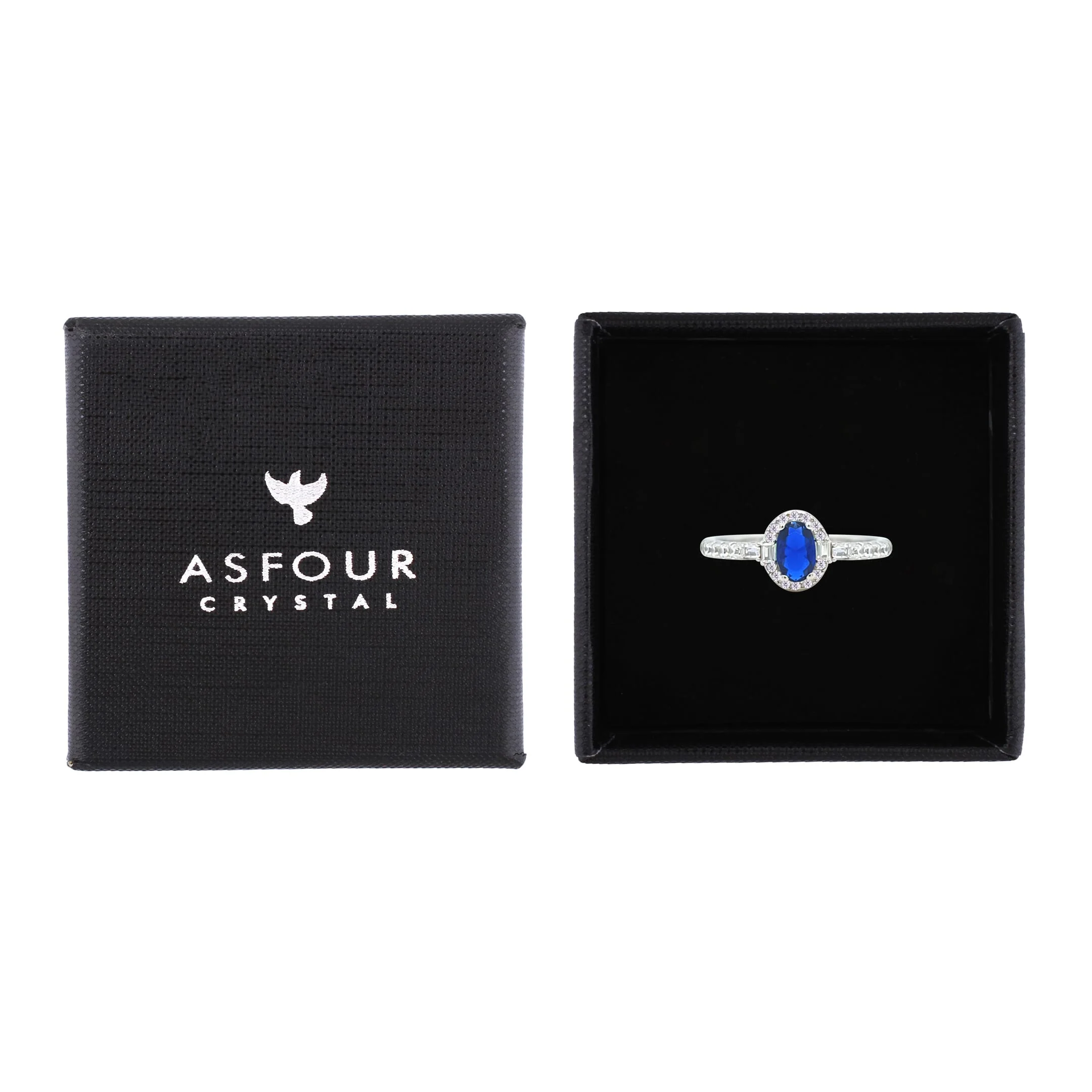 Asfour Crystal Halo Ring With Blue Oval Design In 925 Sterling Silver-RM0162-B-7 - Image 2