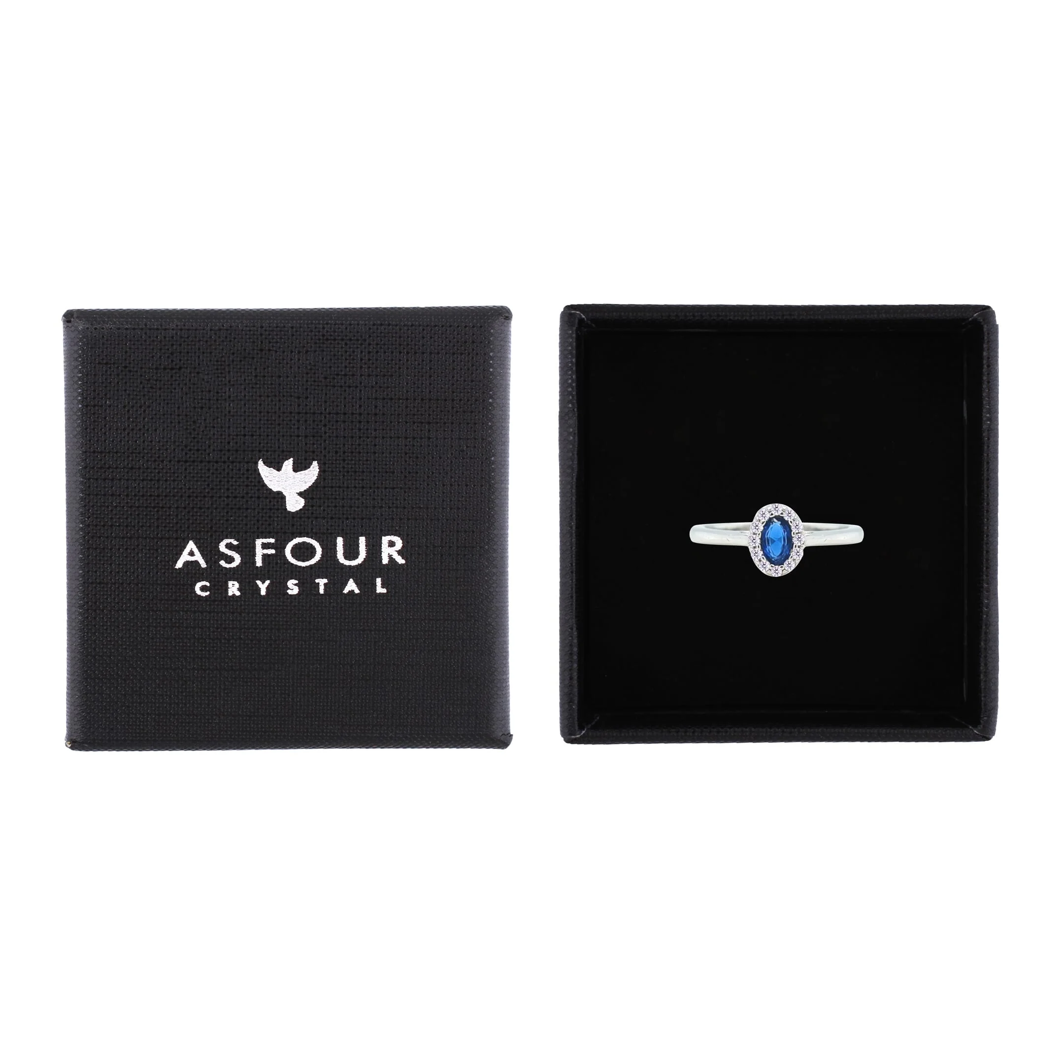 Asfour Crystal Halo Ring With Blue Oval Design In 925 Sterling Silver-RM0163-B-8 - Image 2