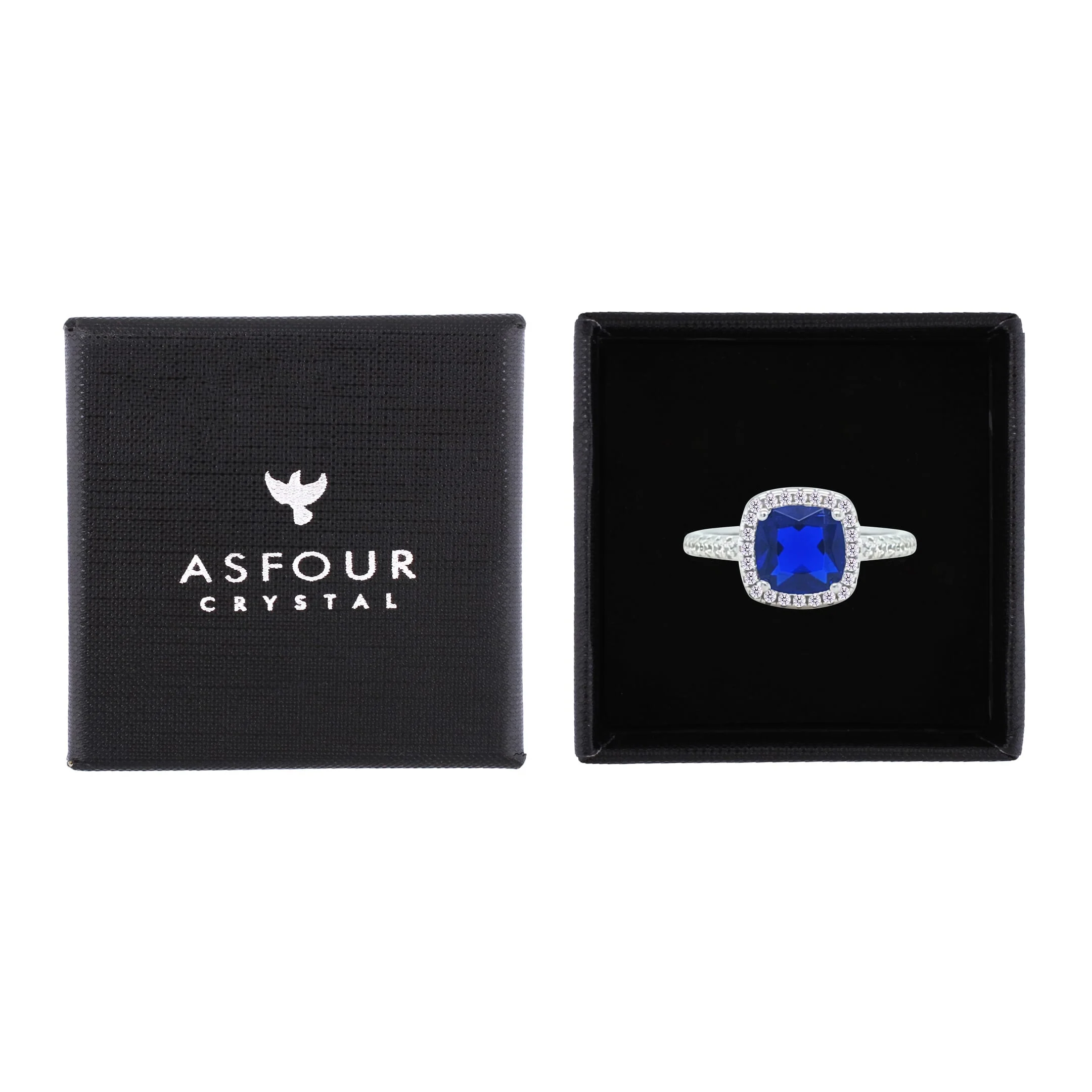 Asfour Crystal Halo Ring With Blue Square Design In 925 Sterling Silver-RM0154-B-7 - Image 2