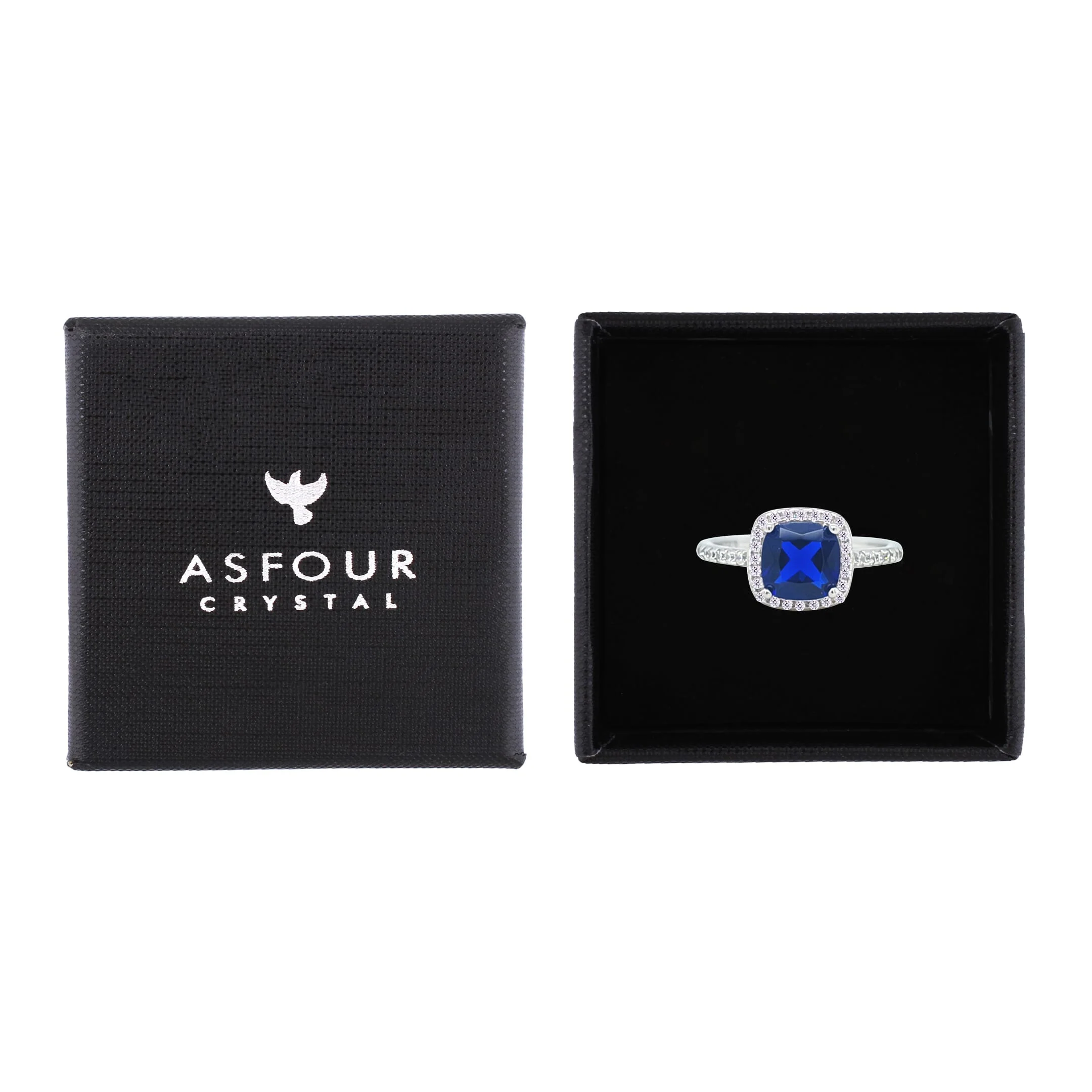 Asfour Crystal Halo Ring With Blue Square Design In 925 Sterling Silver-RM0155-B-9 - Image 2
