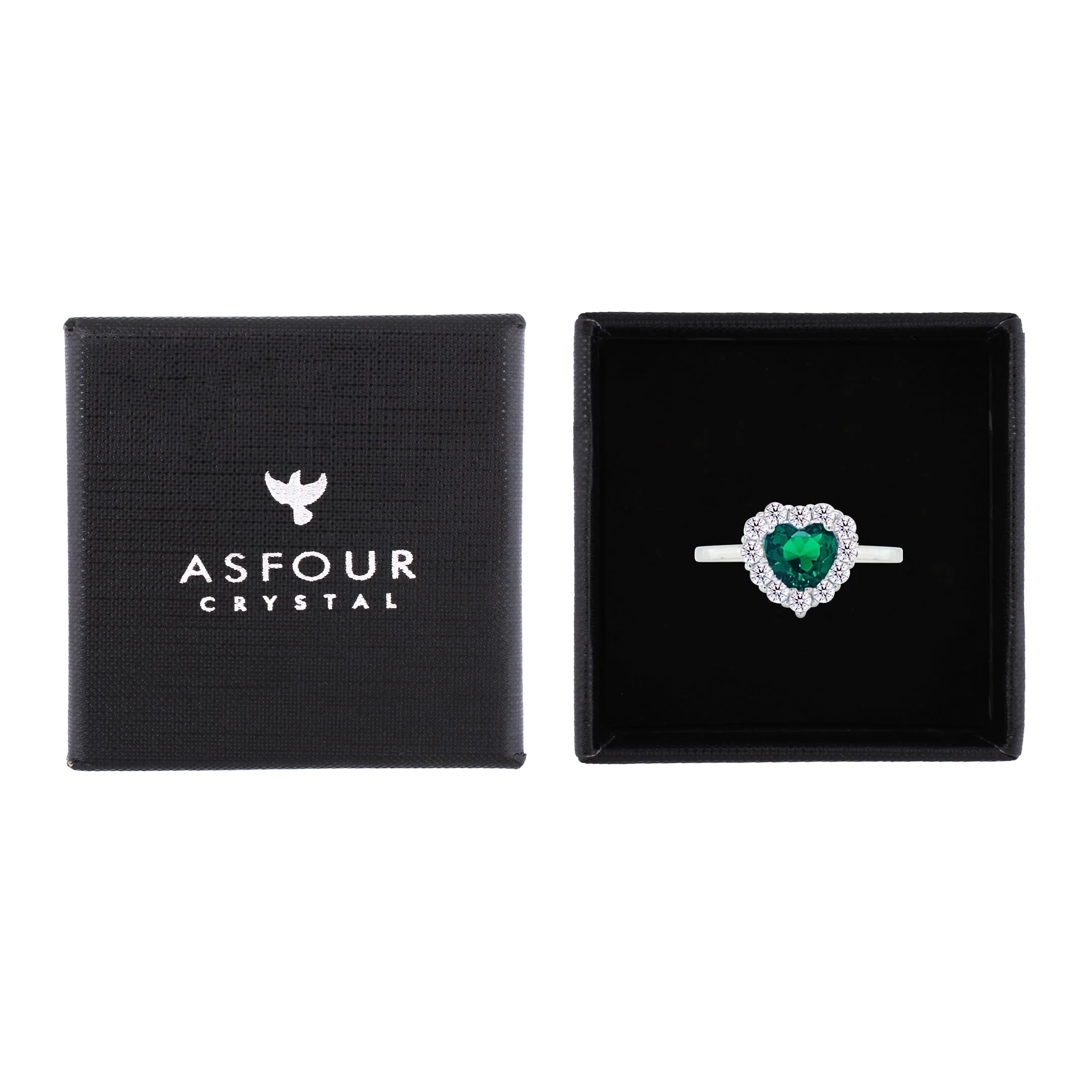 Asfour Crystal Halo Ring With Emerald Green Heart Design In 925 Sterling Silver-RM0151-WG-8 - Image 2