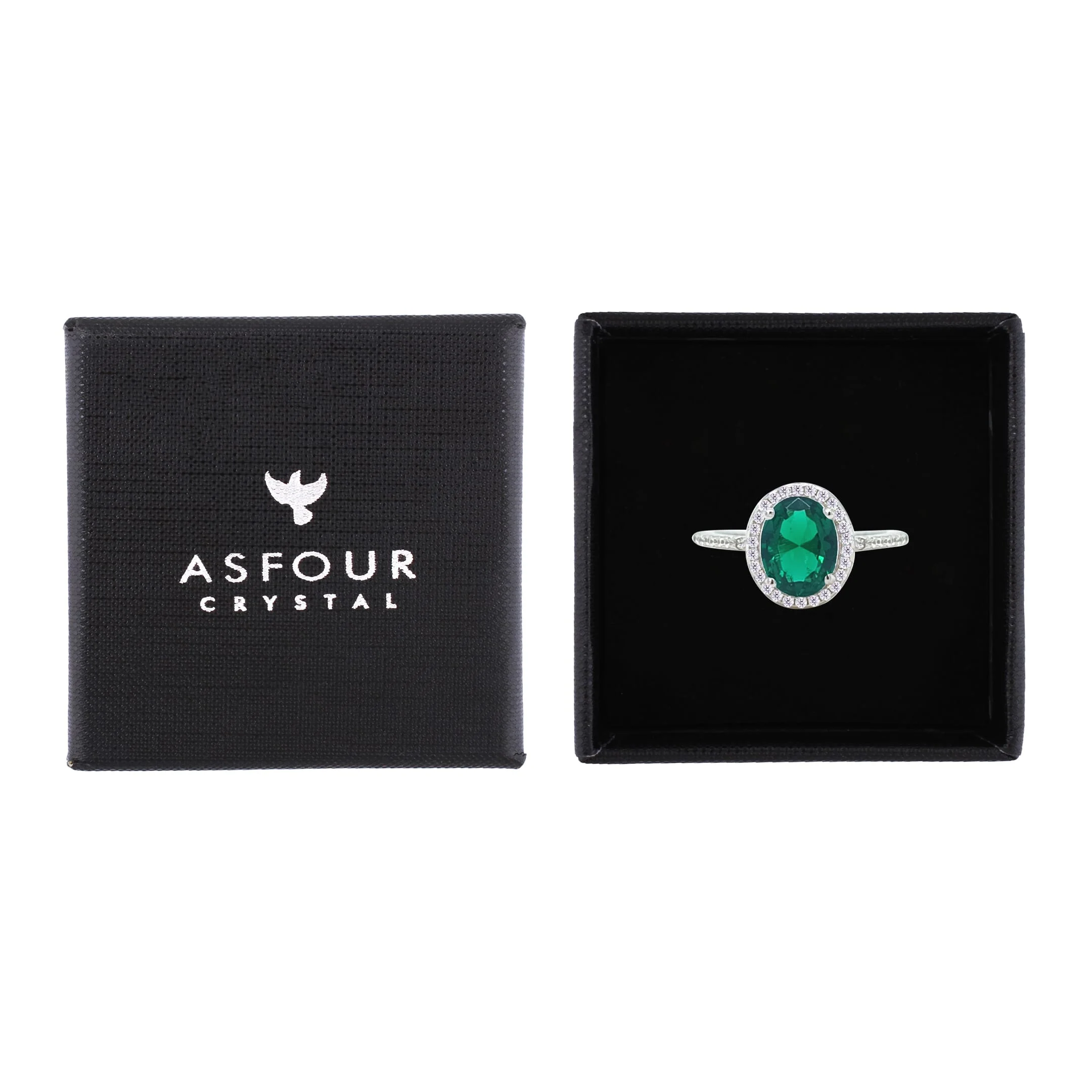 Asfour Crystal Halo Ring With Emerald Green Oval Design In 925 Sterling Silver-RM0158-G-7 - Image 2