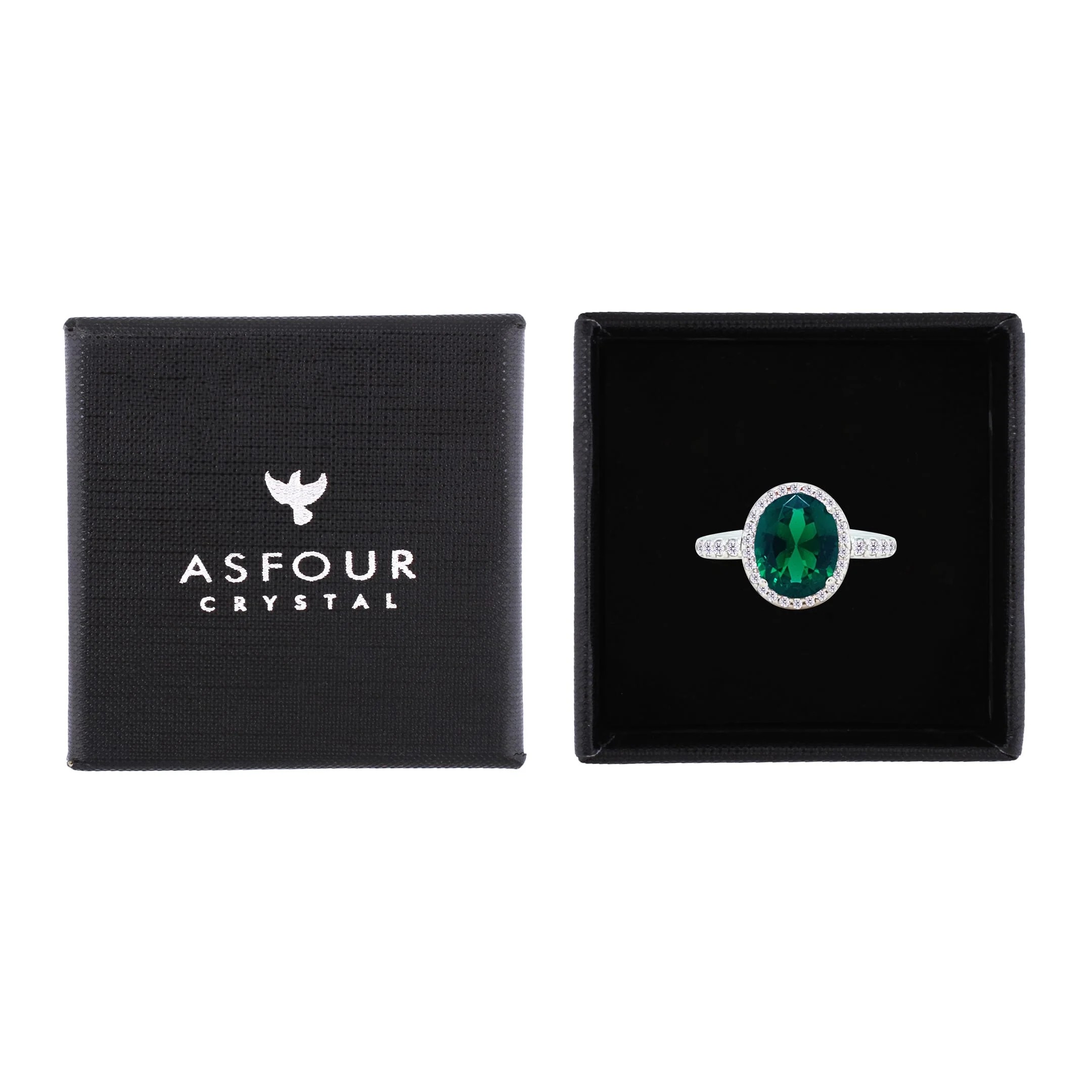 Asfour Crystal Halo Ring With Emerald Green Oval Design In 925 Sterling Silver-RM0159-G-9 - Image 2