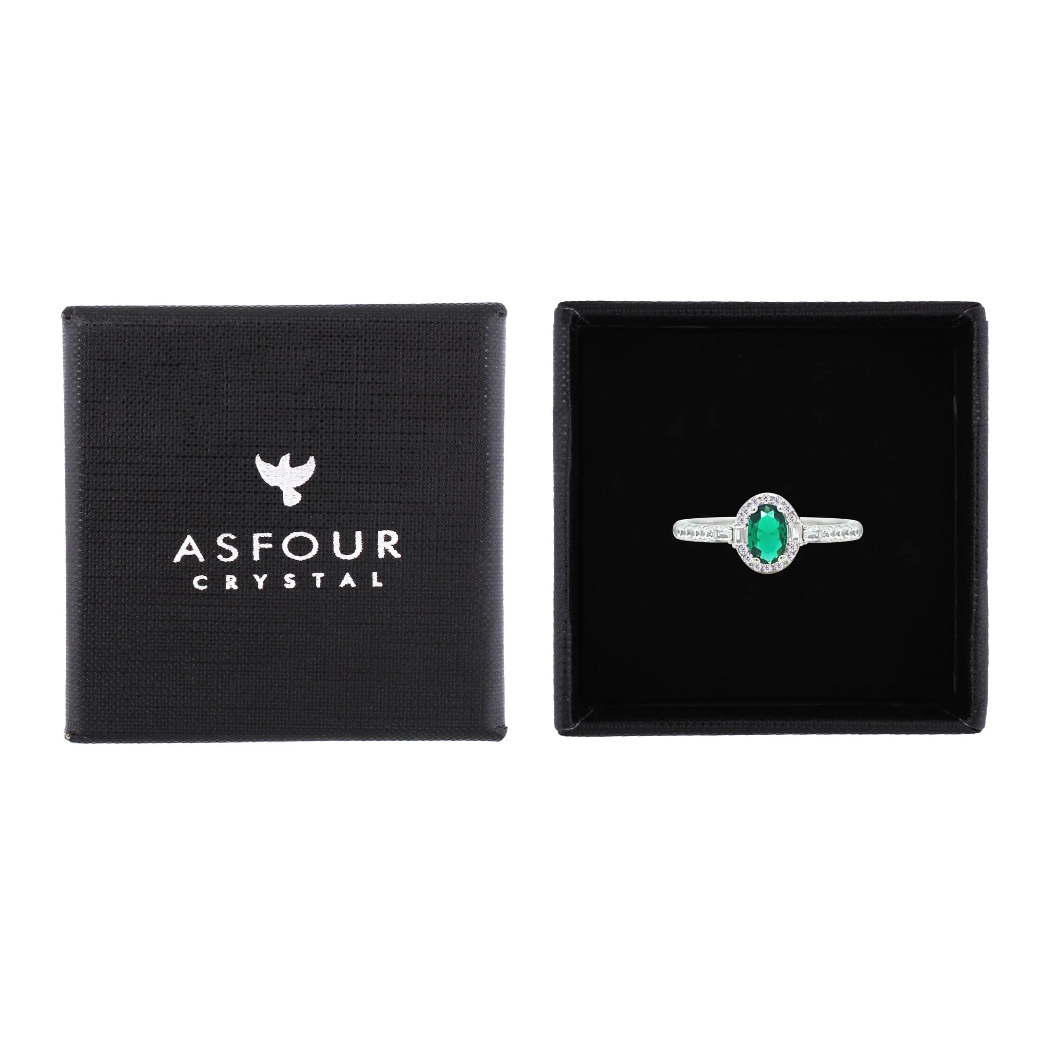 Asfour Crystal Halo Ring With Emerald Green Oval Design In 925 Sterling Silver-RM0162-G-8 - Image 2