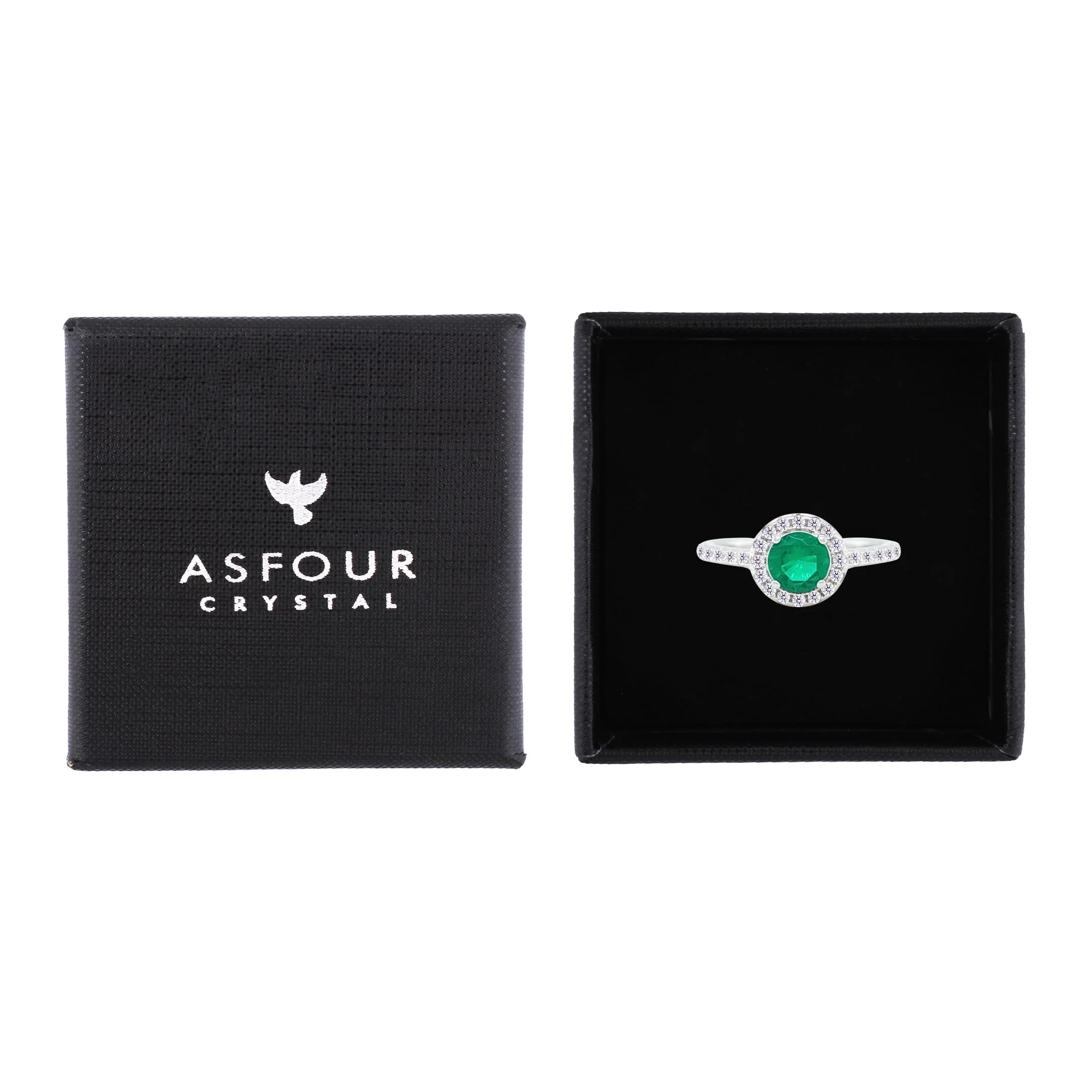 Asfour Crystal Halo Ring With Emerald Green Round Design In 925 Sterling Silver-RM0140-G-9 - Image 2