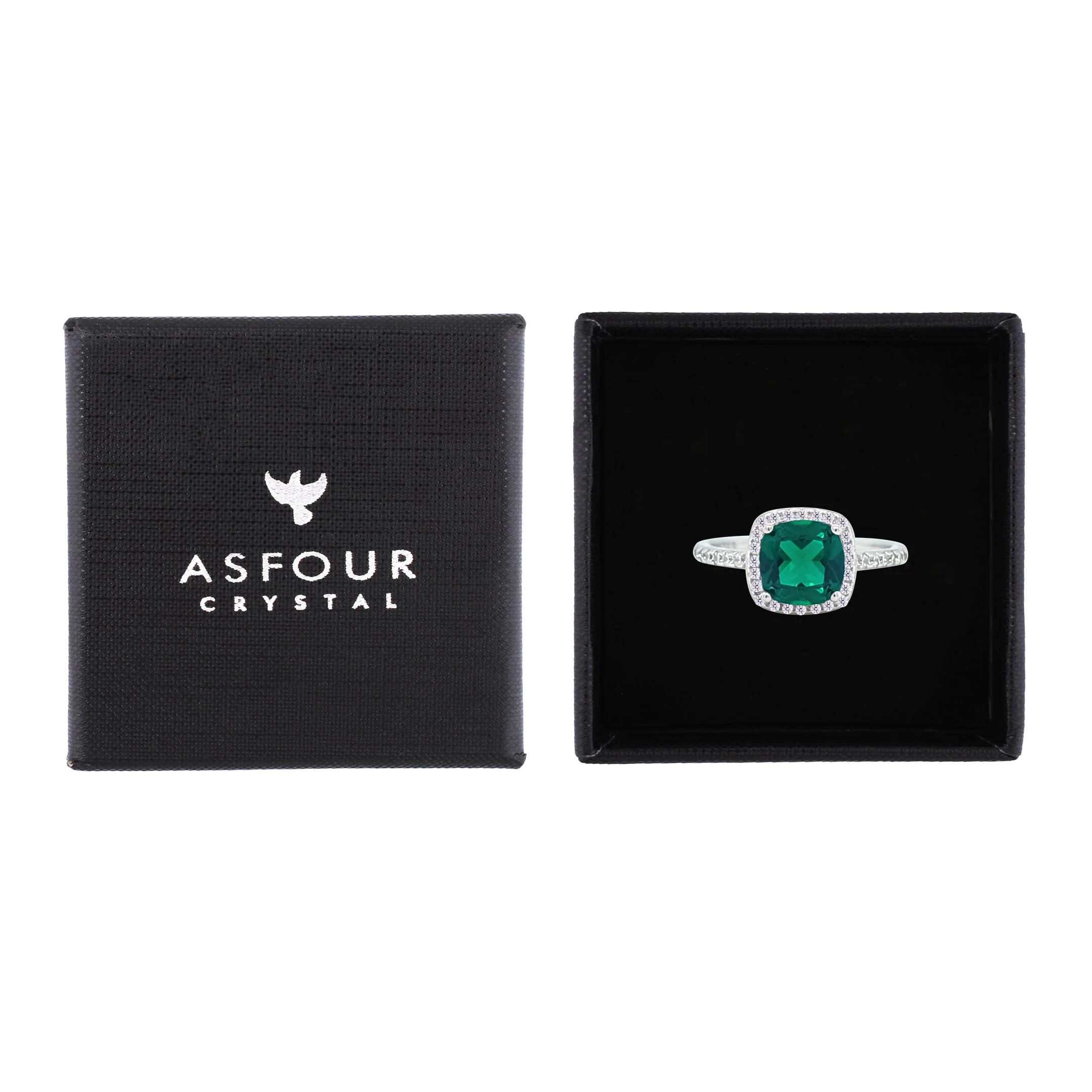 Asfour Crystal Halo Ring With Emerald Green Square Design In 925 Sterling Silver-RM0155-G-9 - Image 2