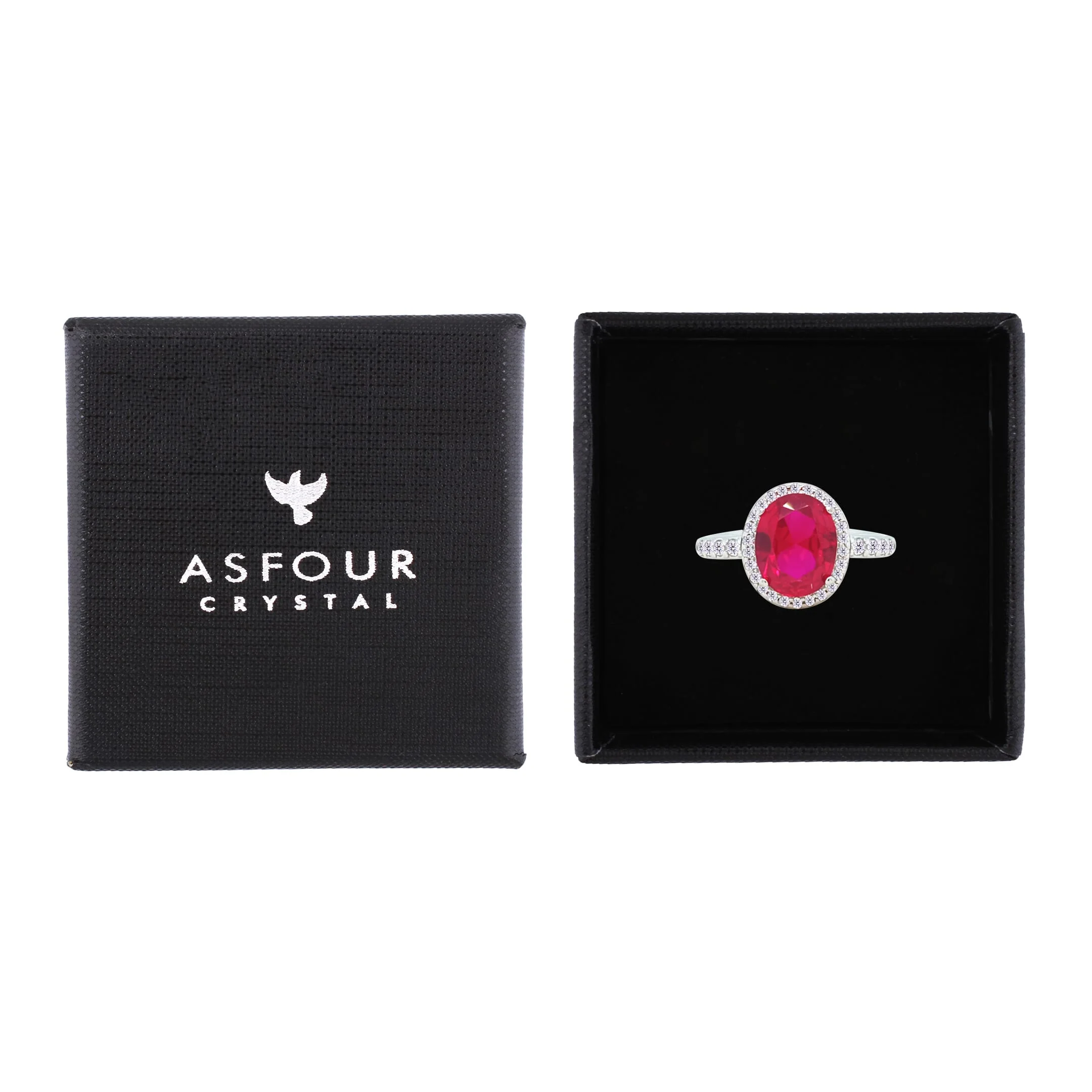 Asfour Crystal Halo Ring With Fuchsia Oval Design In 925 Sterling Silver-RM0159-F-7 - Image 2
