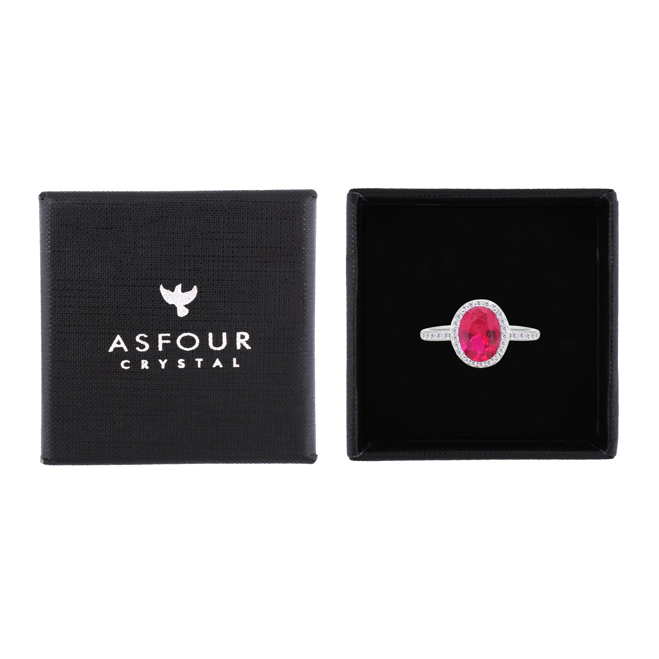 Asfour Crystal Halo Ring With Fuchsia Oval Design In 925 Sterling Silver-RM0161-F-8 - Image 2