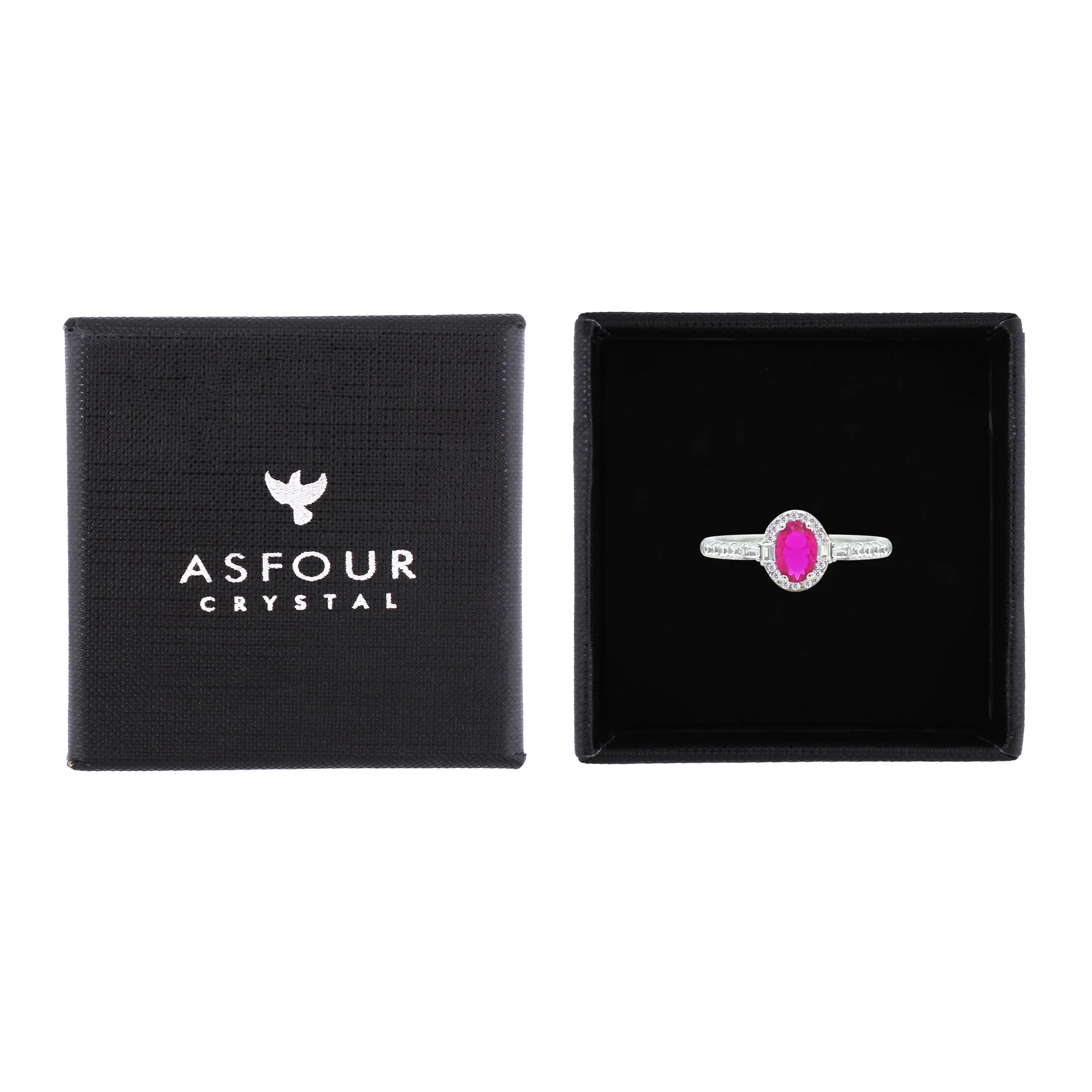 Asfour Crystal Halo Ring With Fuchsia Oval Design In 925 Sterling Silver-RM0162-F-7 - Image 2