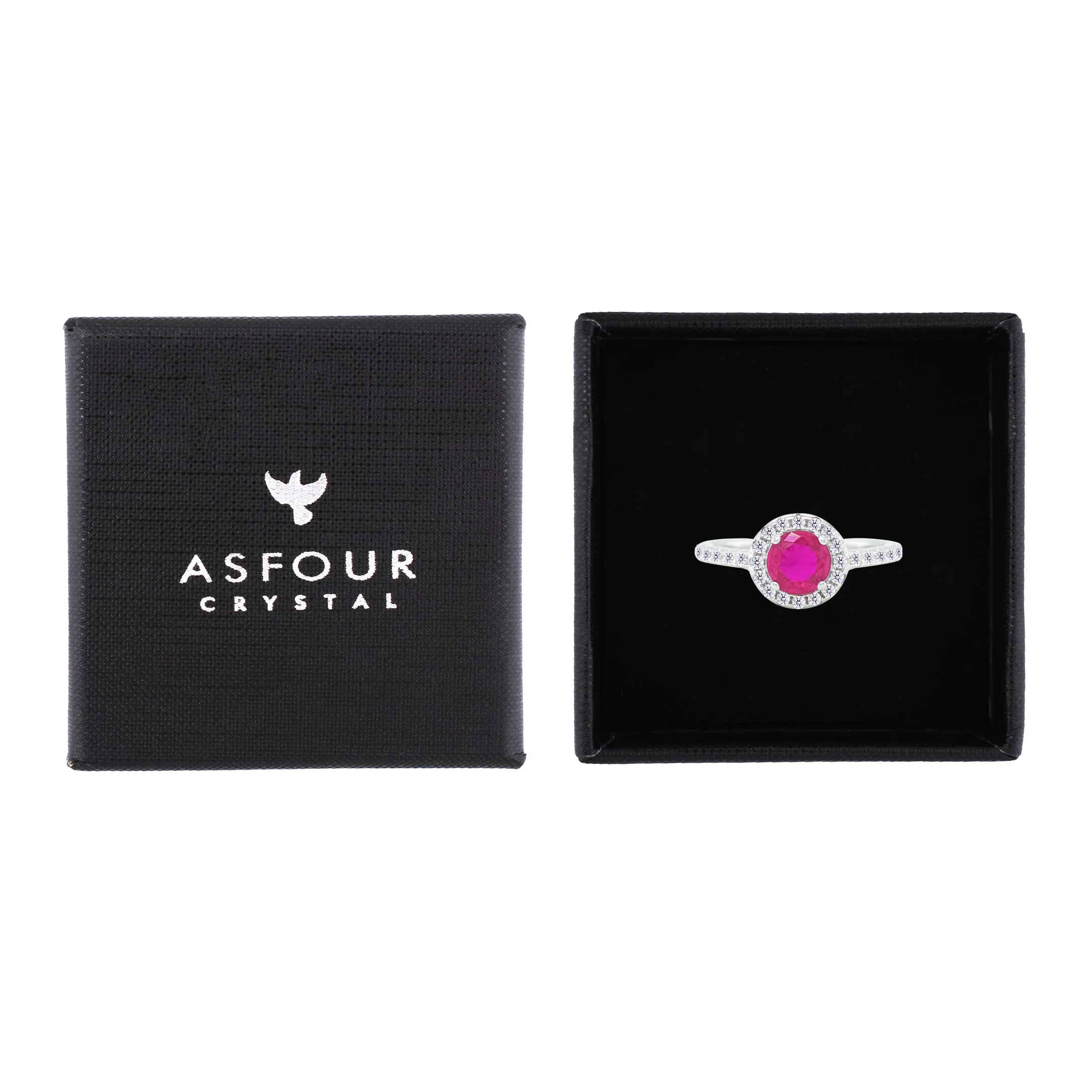 Asfour Crystal Halo Ring With Fuchsia Round Design In 925 Sterling Silver-RM0140-F-8 - Image 2