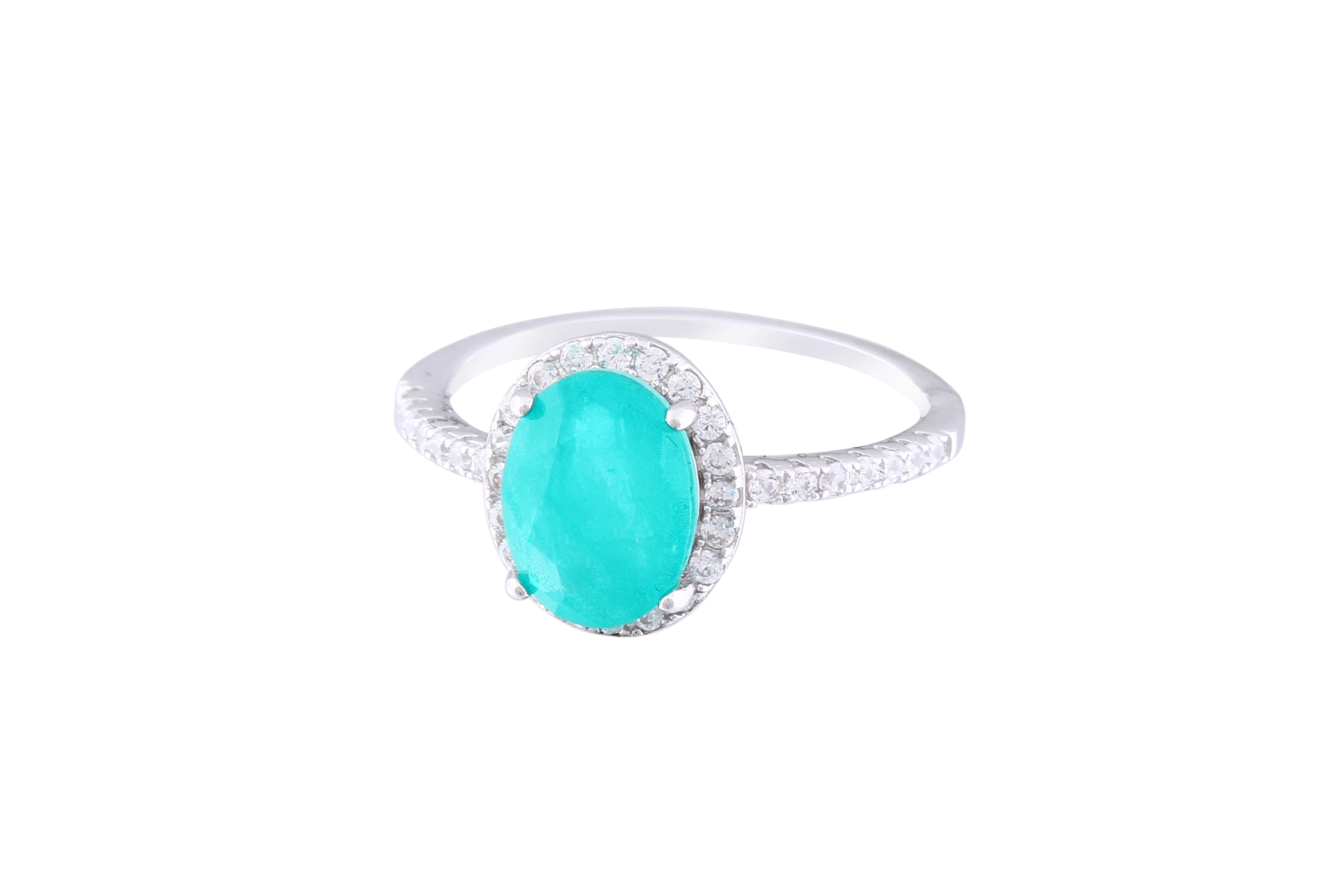 Asfour Crystal Halo Ring With Oval Cut Emerald Zircon Stone In 925 Sterling Silver RM0010-G-7 - Image 2
