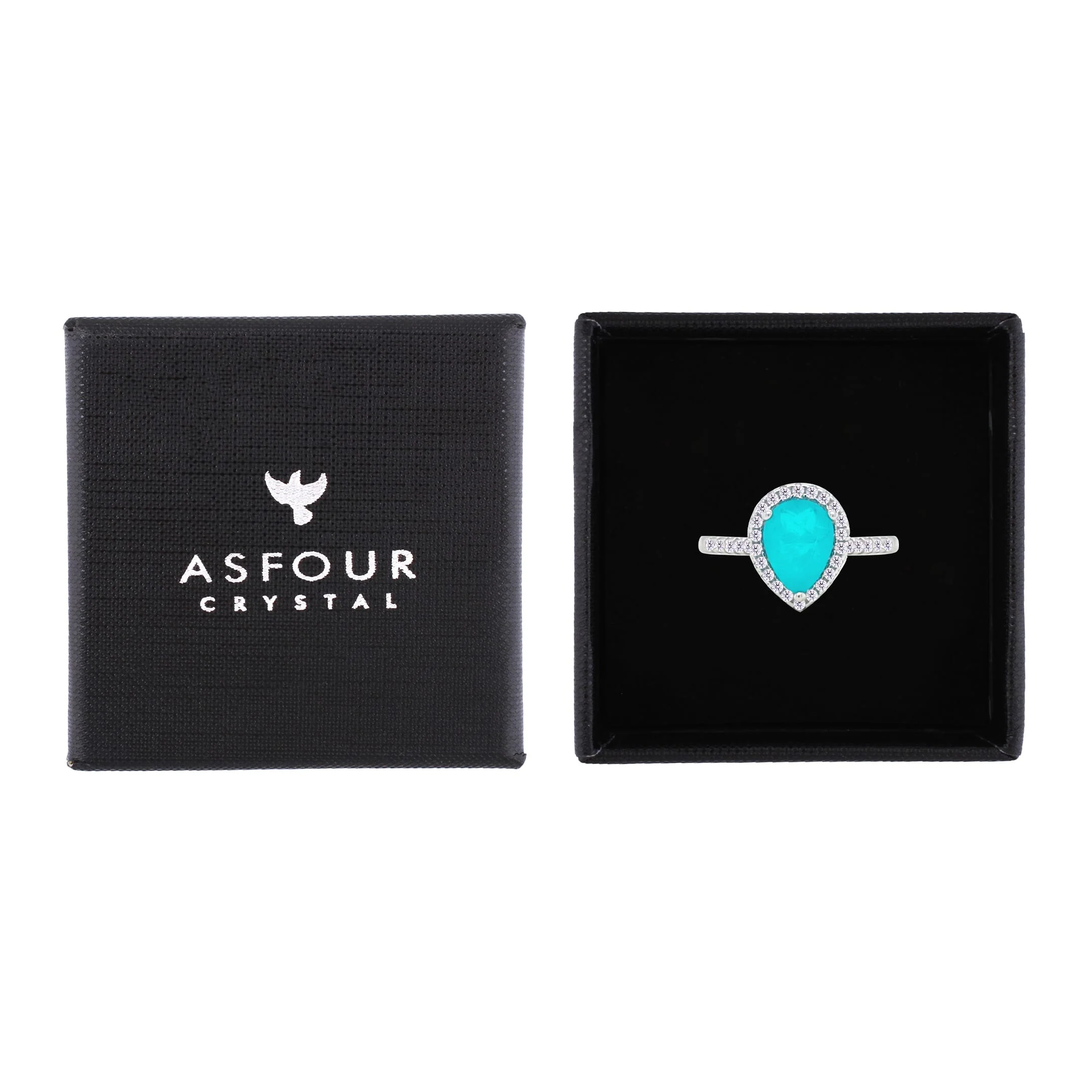 Asfour Crystal Halo Ring With Turquoise Pear Design In 925 Sterling Silver-RM0145-GC-9 - Image 2