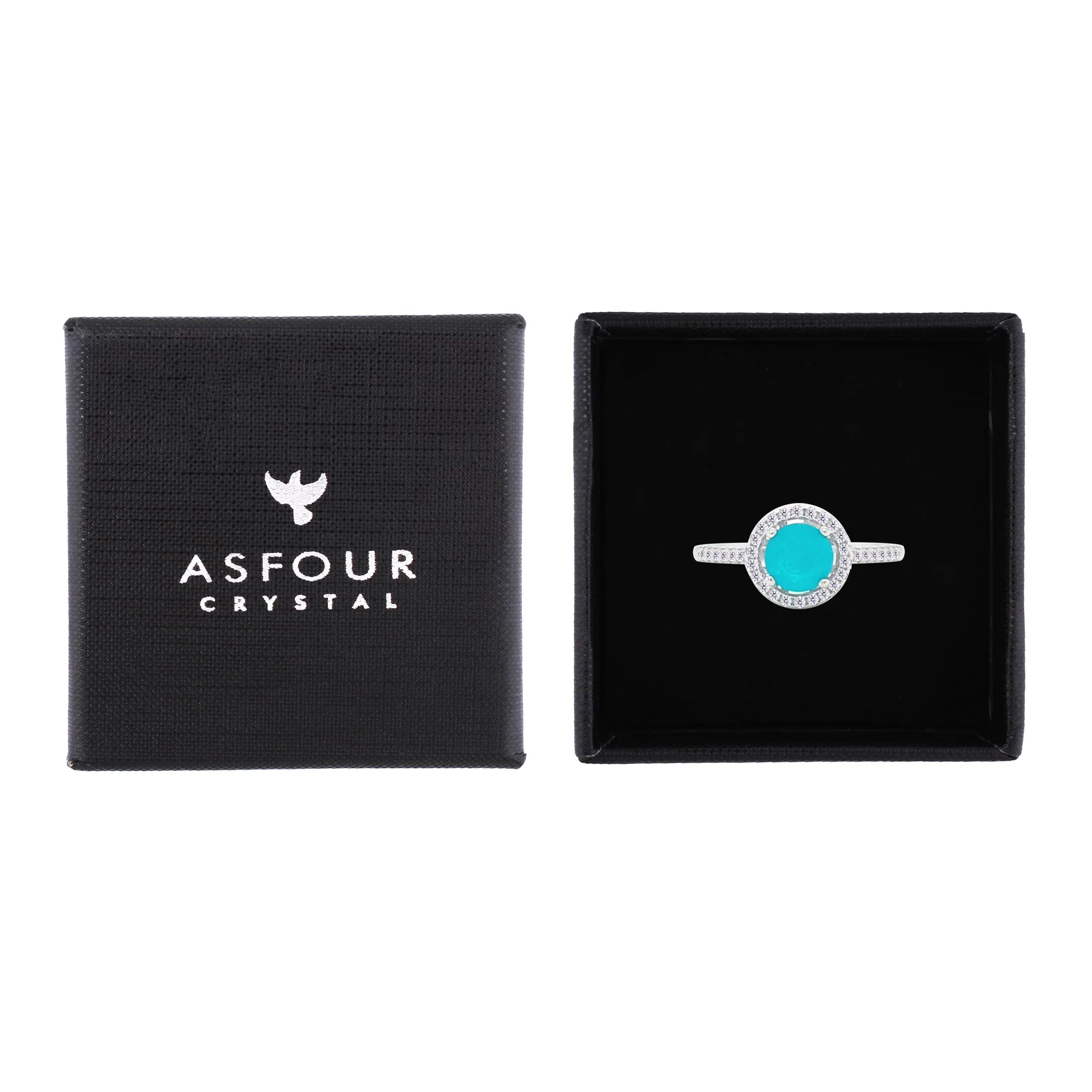 Asfour Crystal Halo Ring With Turquoise Round Design In 925 Sterling Silver-RM0141-GC-9 - Image 2