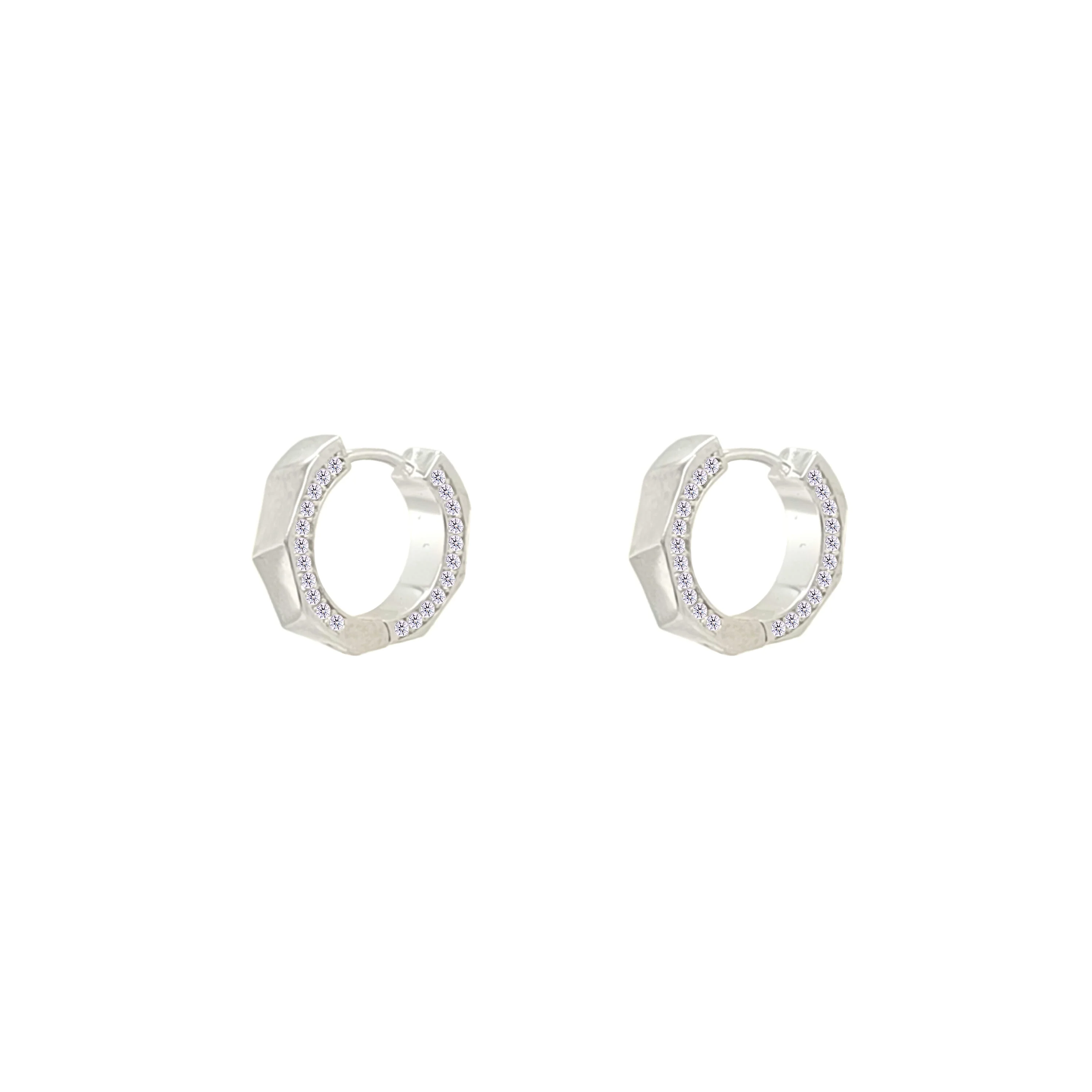 Asfour Crystal Hoop Earring With Hexagon Design In 925 Sterling Silver-EM0156