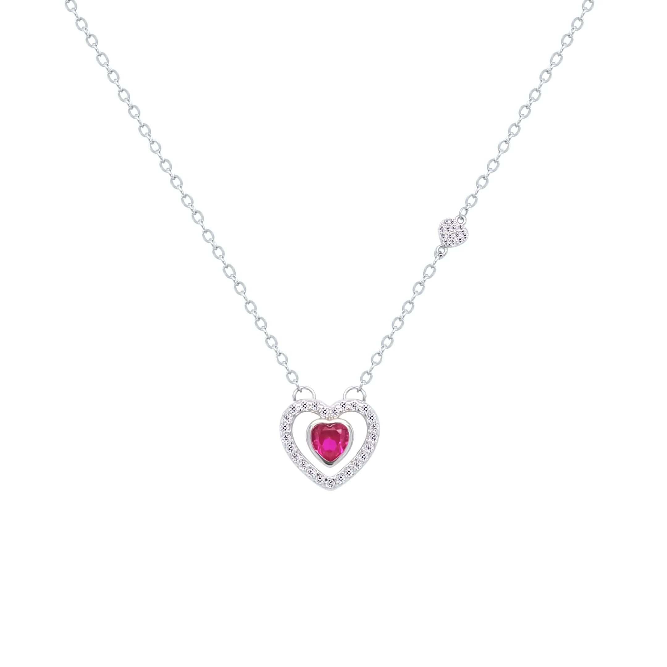 Asfour Crystal Jewelry Set Of Necklace & Earrings With Fuchsia Heart Design In 925 Sterling Silver -SM0016-F - Image 2