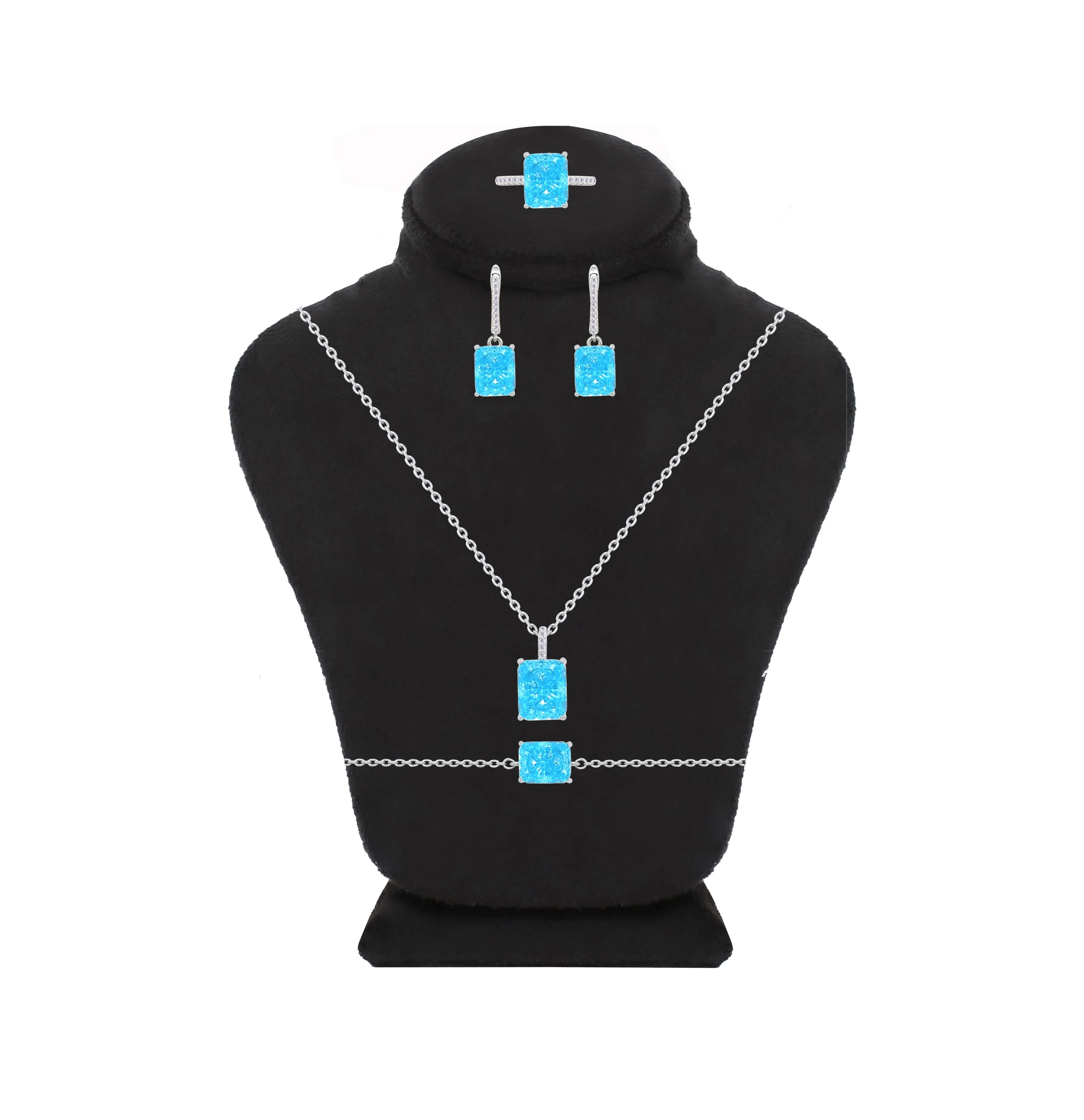 Asfour Crystal Jewelry Set With Aquamarine Emerald Design In 925 Sterling Silver-SD0131-M-9