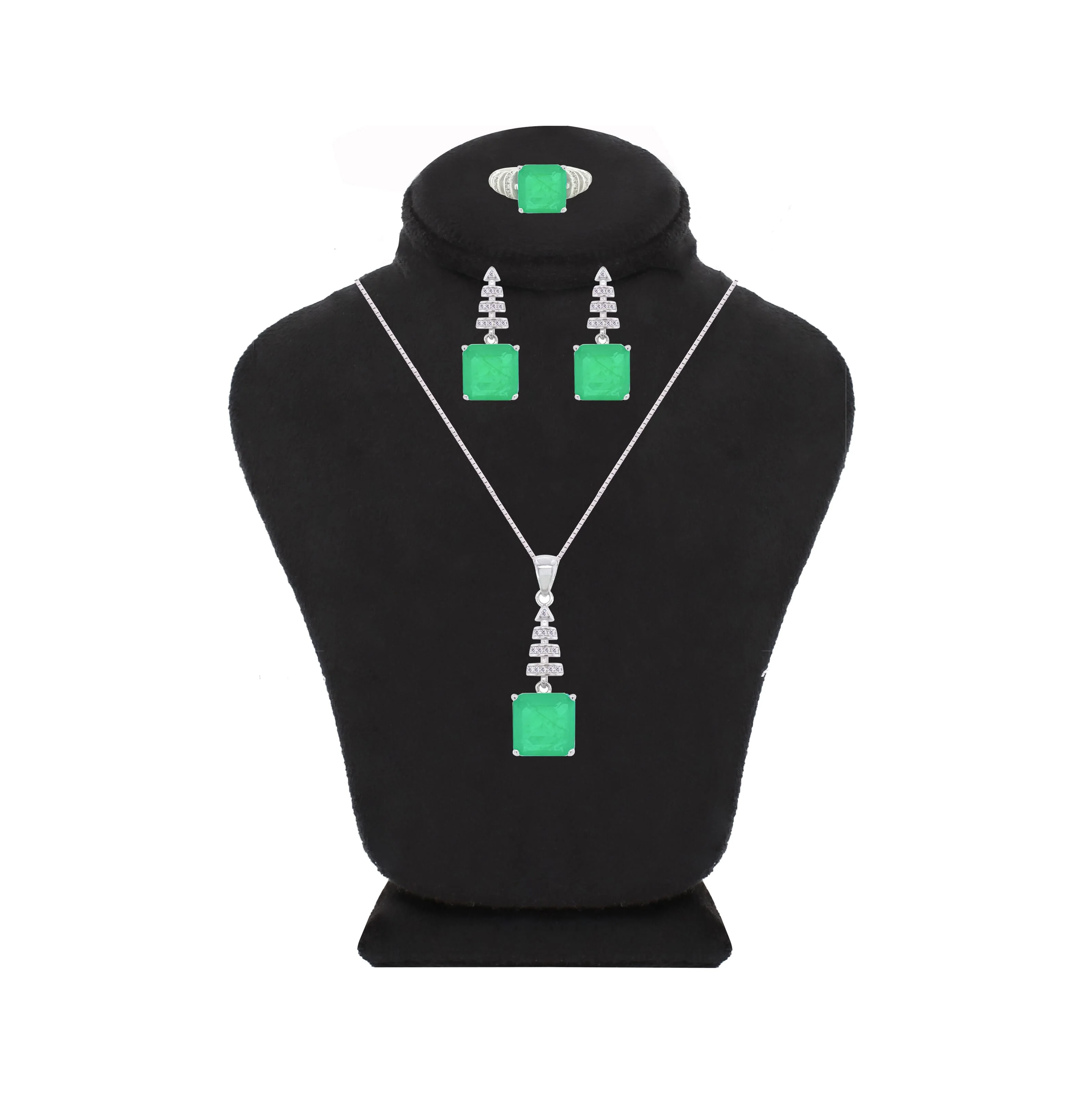 Asfour Crystal Jewelry Set With Art Deco Emerald Square Design In 925 Sterling Silver-SD0061-G-7