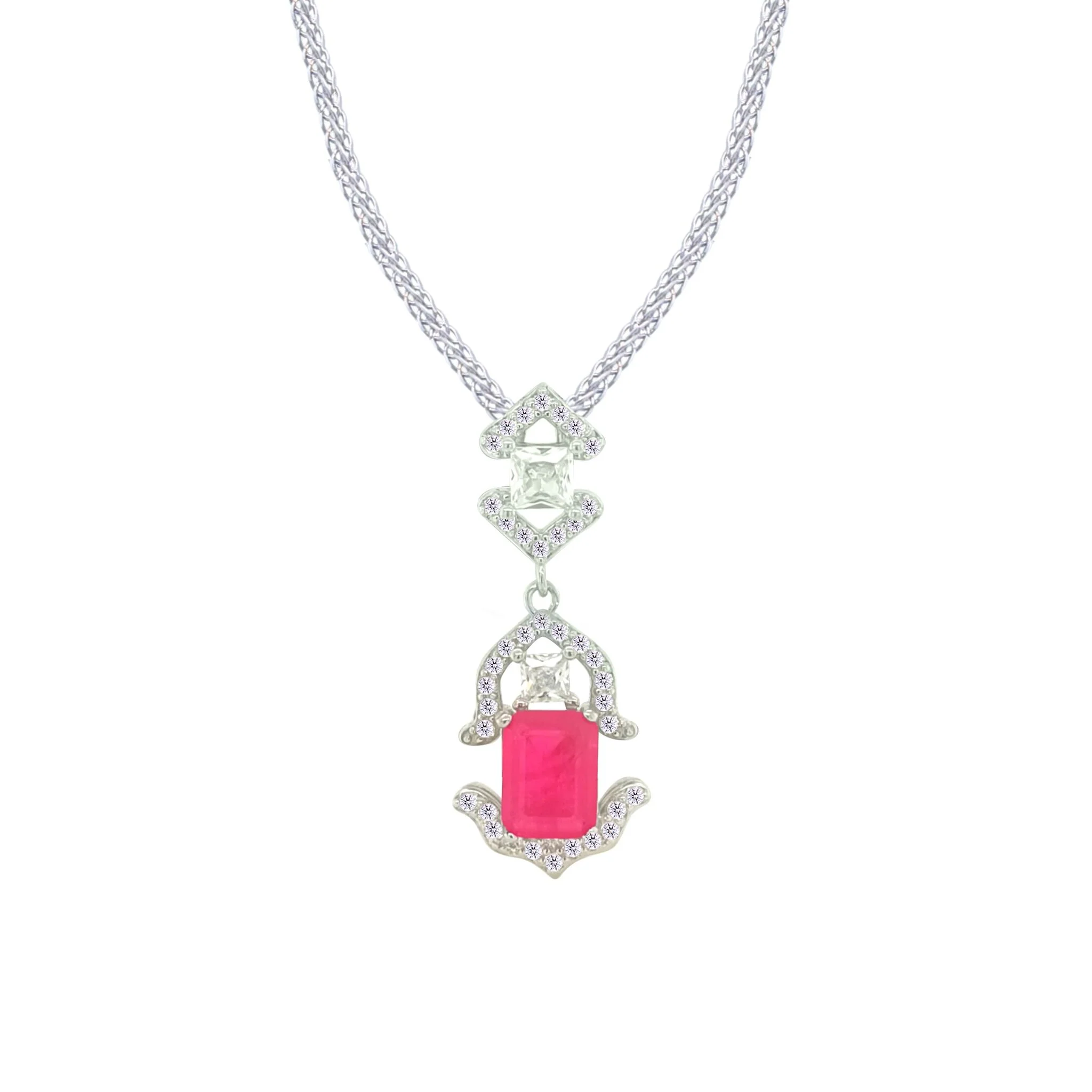 Asfour Crystal Jewelry Set With Art Deco Fuchsia Design In 925 Sterling Silver-SD0088-F-8 - Image 2