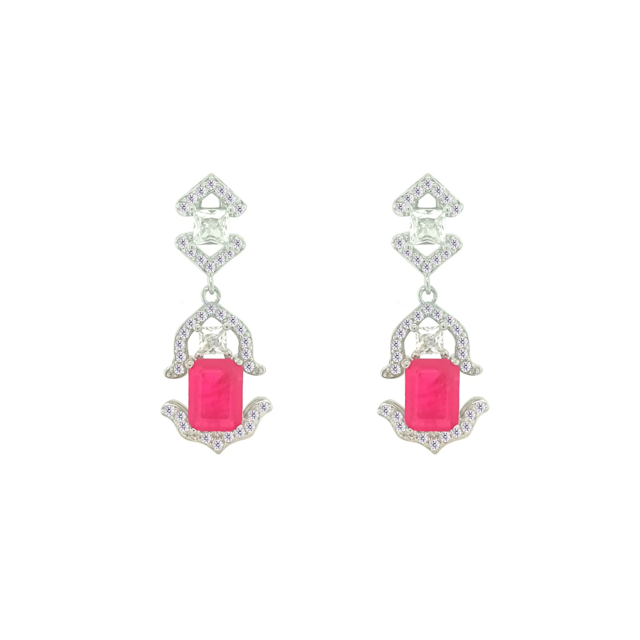 Asfour Crystal Jewelry Set With Art Deco Fuchsia Design In 925 Sterling Silver-SD0088-F-8 - Image 3