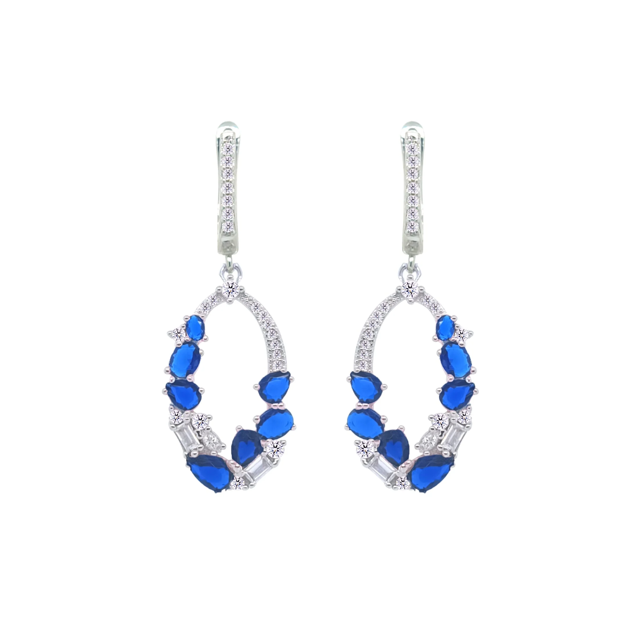 Asfour Crystal Jewelry Set With Blue Art Deco Design In 925 Sterling Silver-SD0065-WB-9 - Image 3
