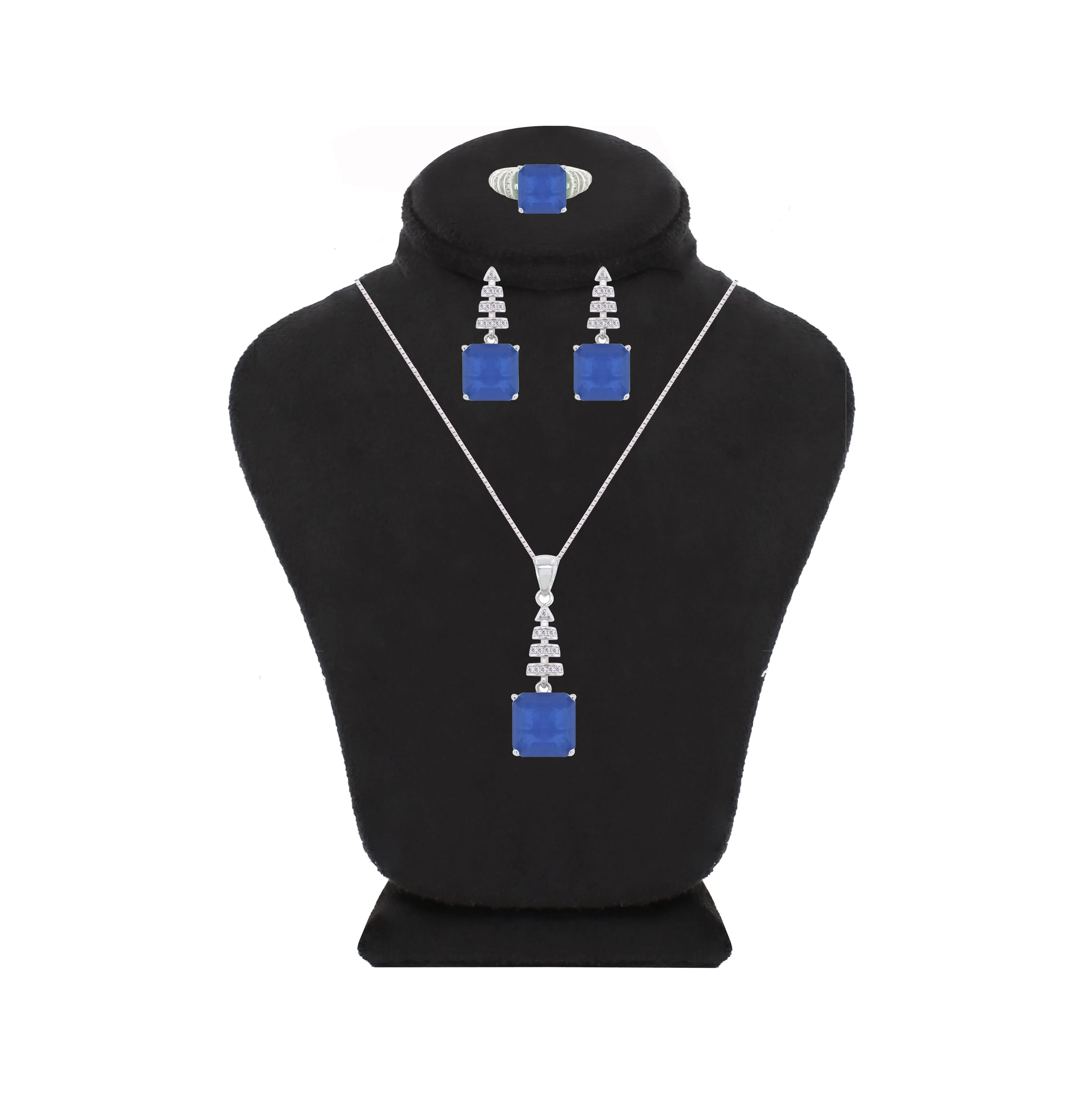 Asfour Crystal Jewelry Set With Blue Art Deco Square Design In 925 Sterling Silver-SD0061-B-9
