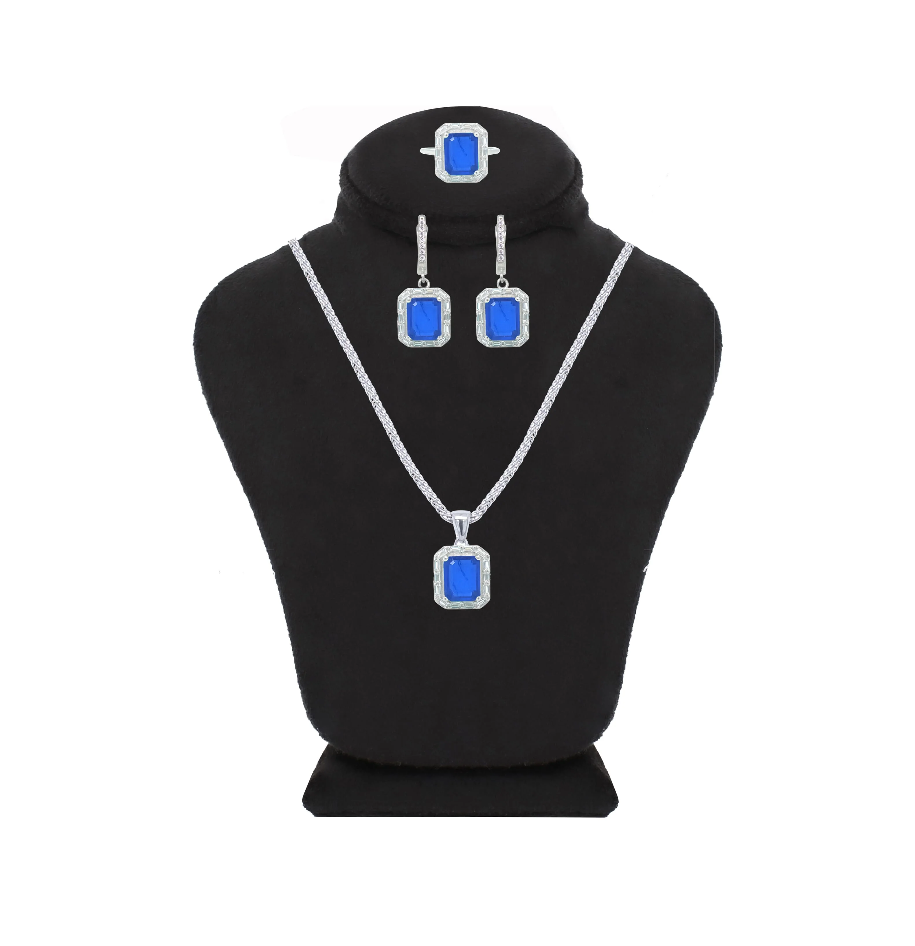 Asfour Crystal Jewelry Set With Blue emerald Cut Design In 925 Sterling Silver-SD0057-B-7
