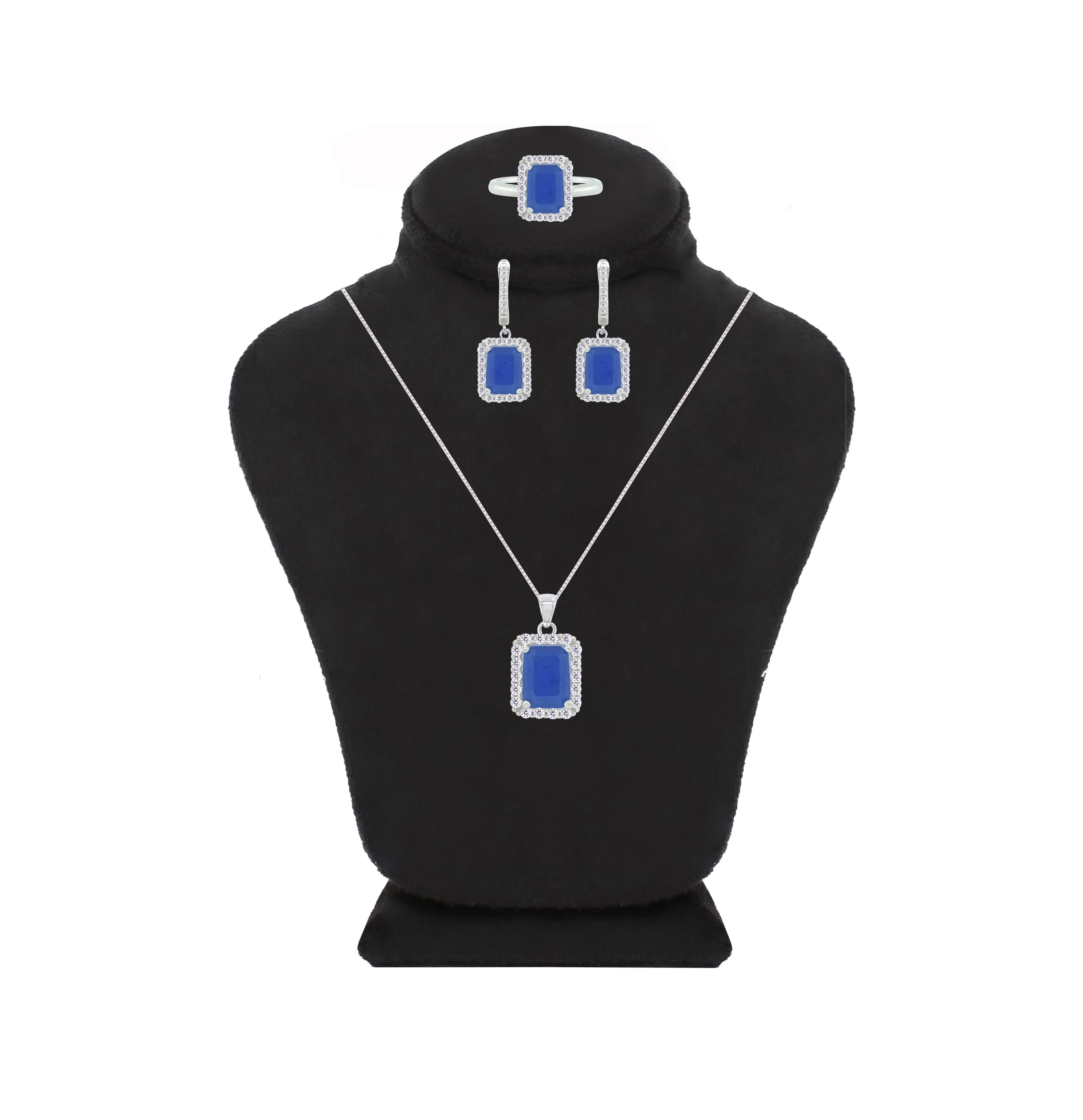 Asfour Crystal Jewelry Set With Blue Emerald Design In 925 Sterling Silver-SD0084-B-7