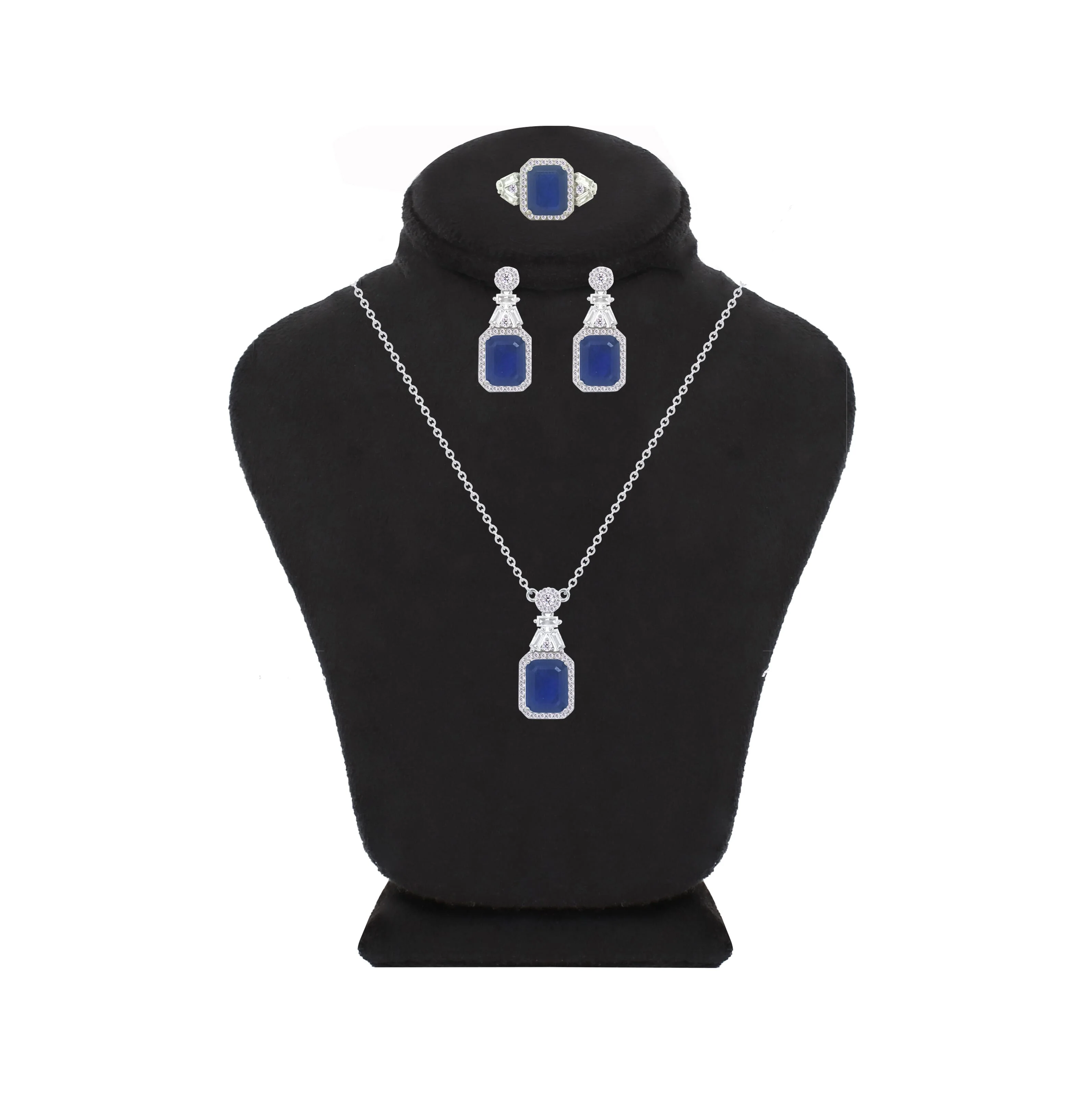 Asfour Crystal Jewelry Set With Blue Emerald Design In 925 Sterling Silver-SD0086-B-9