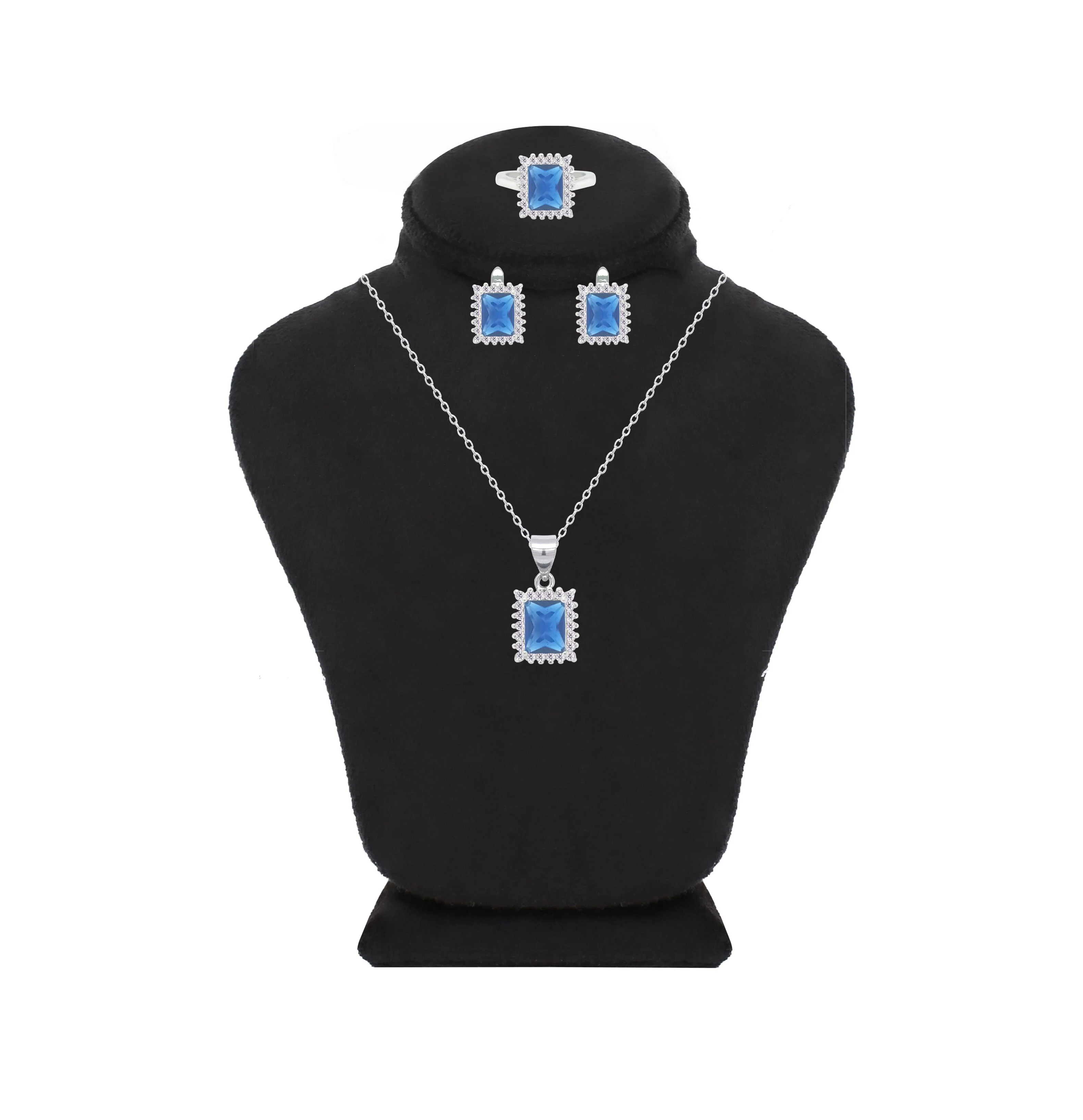 Asfour Crystal Jewelry Set With Blue Emerald Design In 925 Sterling Silver-SD0106-B-7