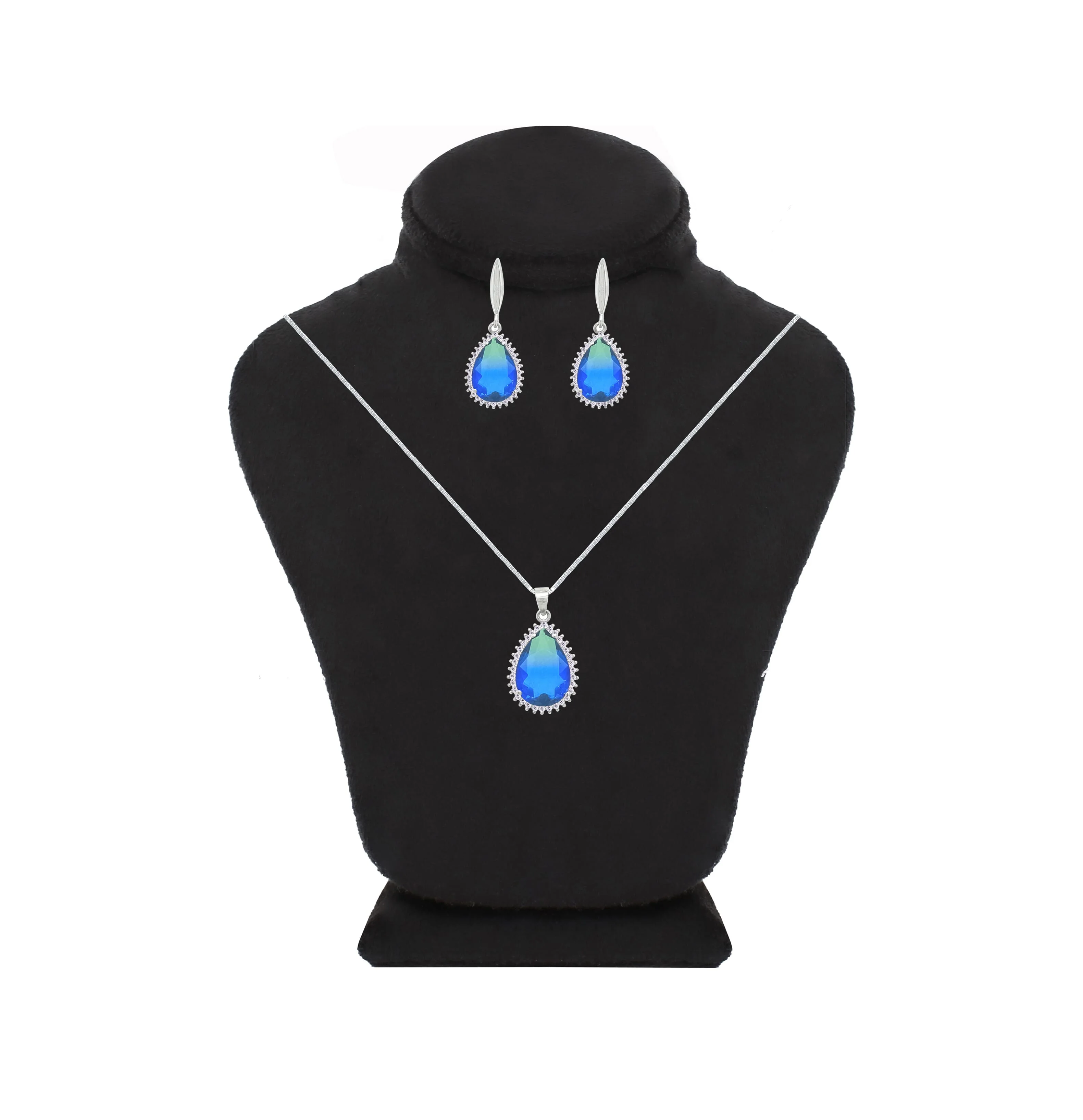 Asfour Crystal Jewelry Set With Blue & Green Pear Design In 925 Sterling Silver-SD0133-A-BXG