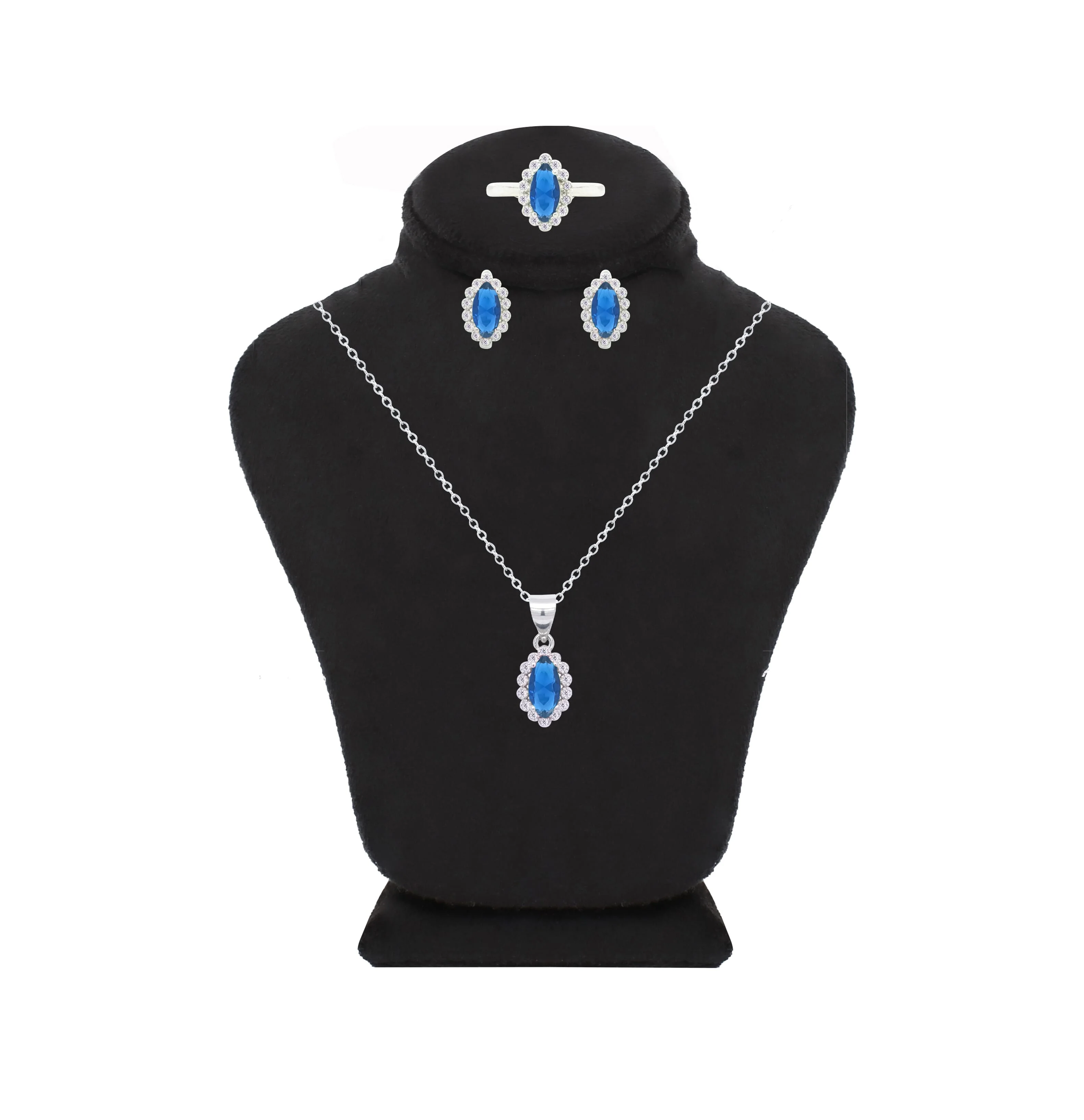 Asfour Crystal Jewelry Set With Blue Marquise Design In 925 Sterling Silver-SD0120-B-9