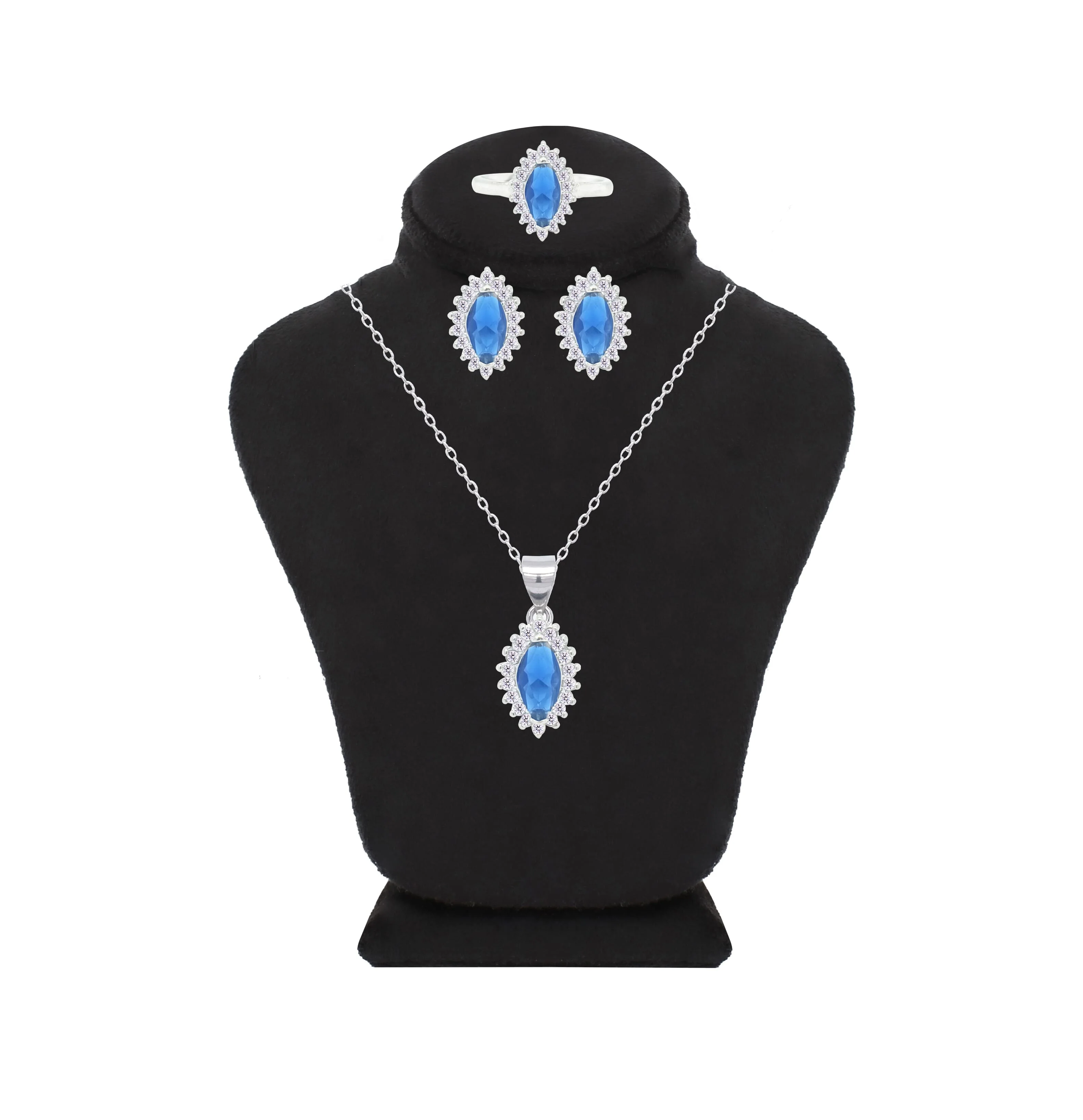Asfour Crystal Jewelry Set With Blue Marquise Design In 925 Sterling Silver-SD0121-B-8