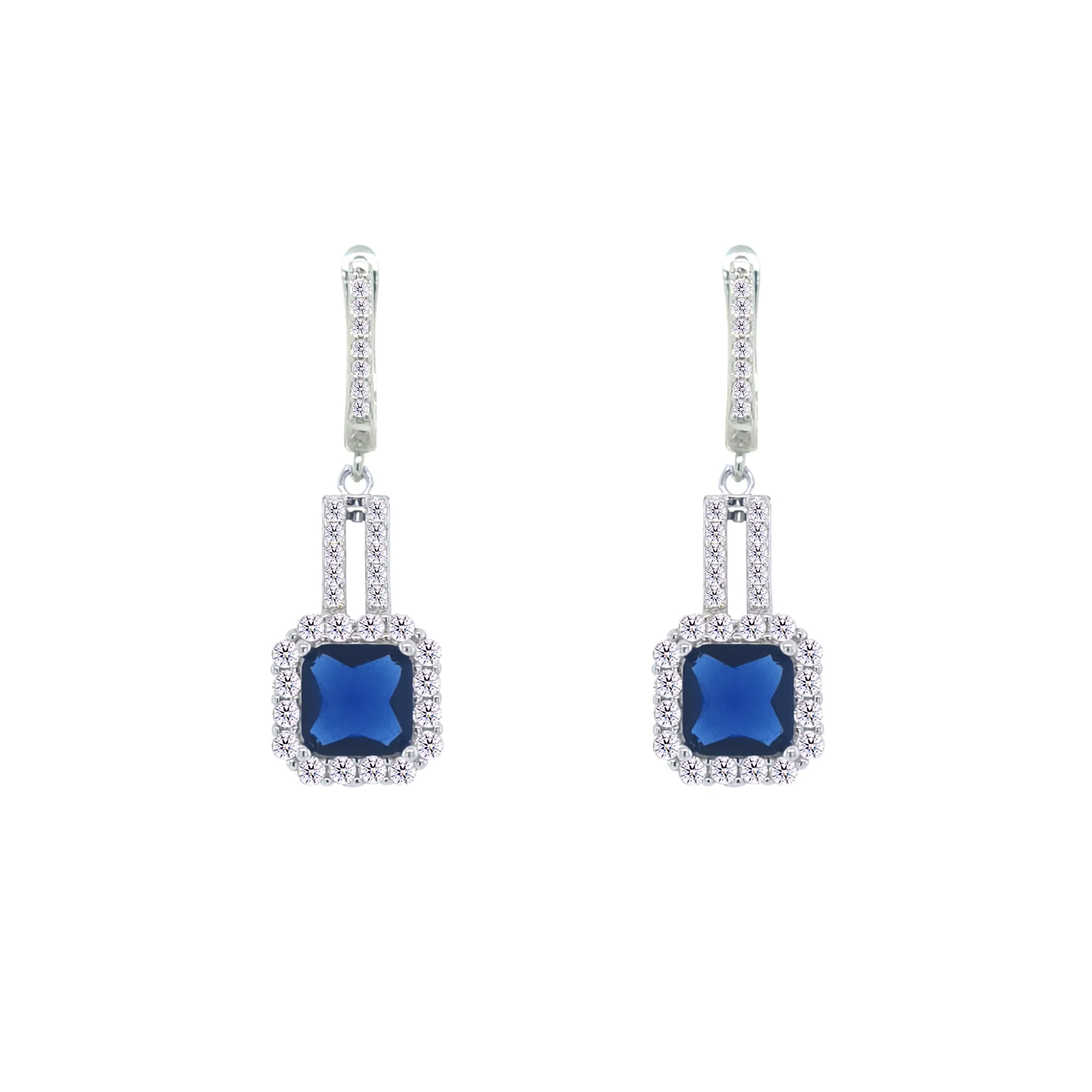 Asfour Crystal Jewelry Set With Blue Square Design In 925 Sterling Silver-SD0069-WB-7 - Image 3