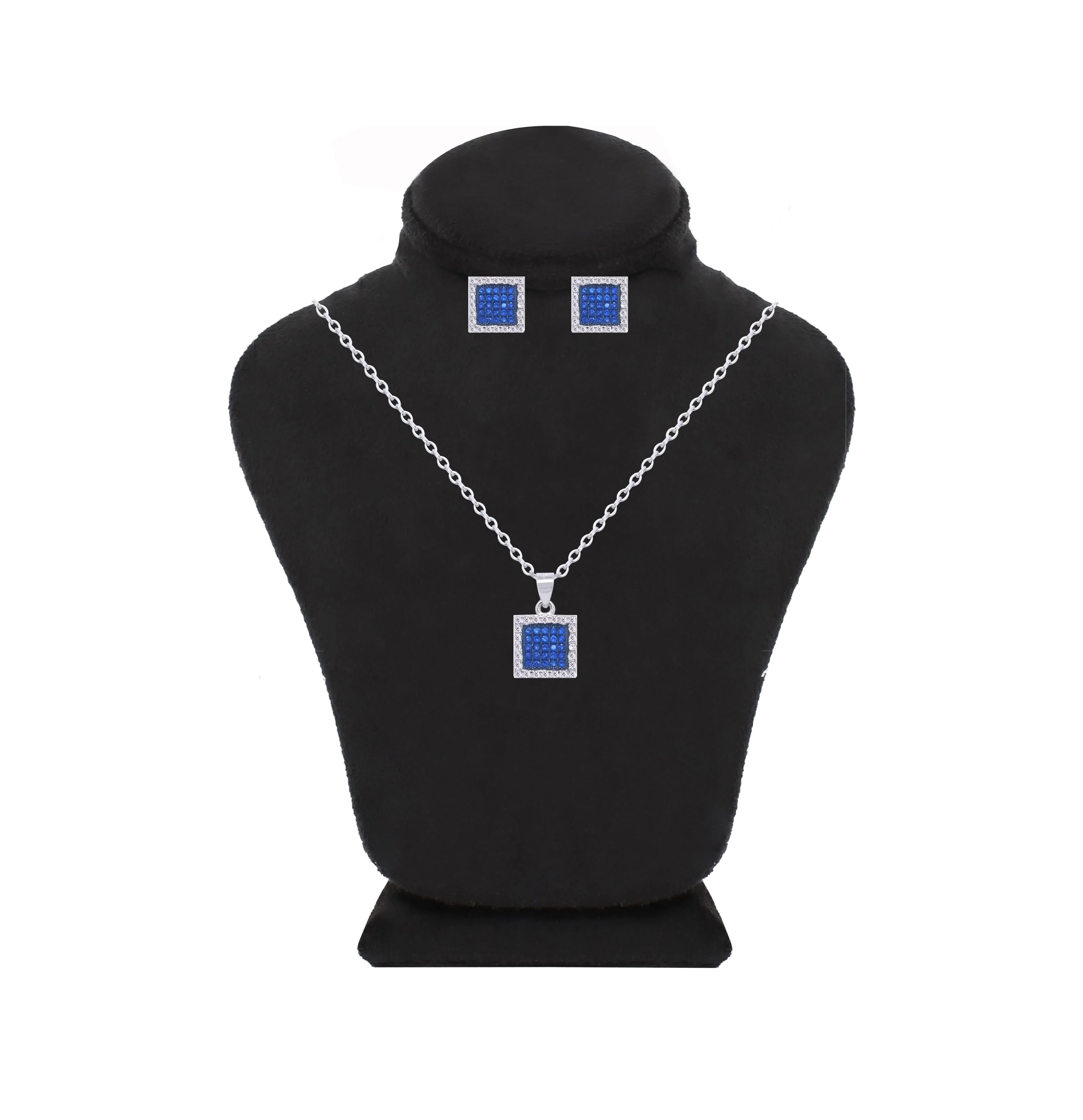 Asfour Crystal Jewelry Set With Blue Square Design In 925 Sterling Silver-SD0122-B