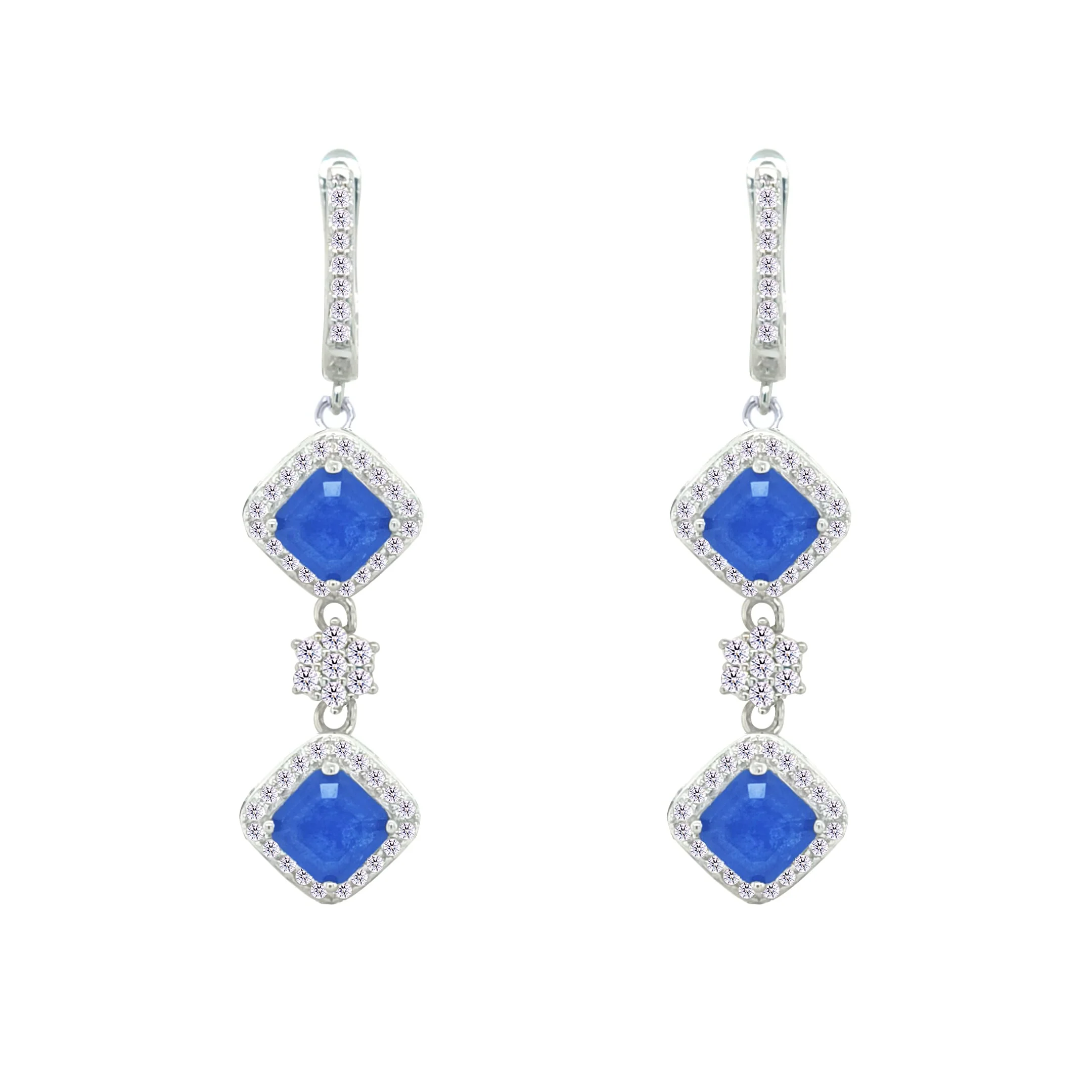 Asfour Crystal Jewelry Set With Blue Squares Design In 925 Sterling Silver-SD0058-B-7 - Image 3