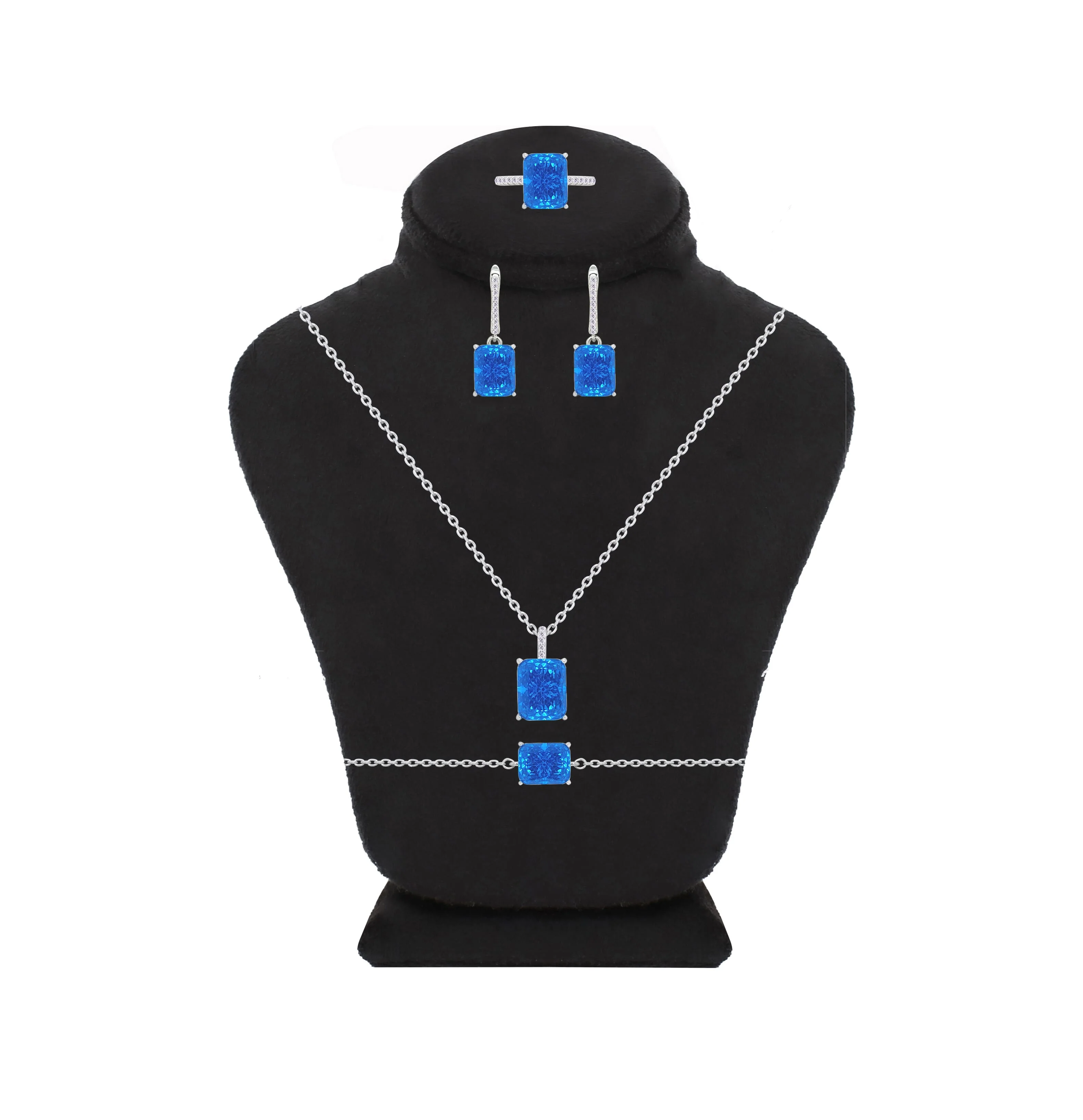 Asfour Crystal Jewelry Set With Dark Aquamarine Emerald Design In 925 Sterling Silver-SD0131-M5-9