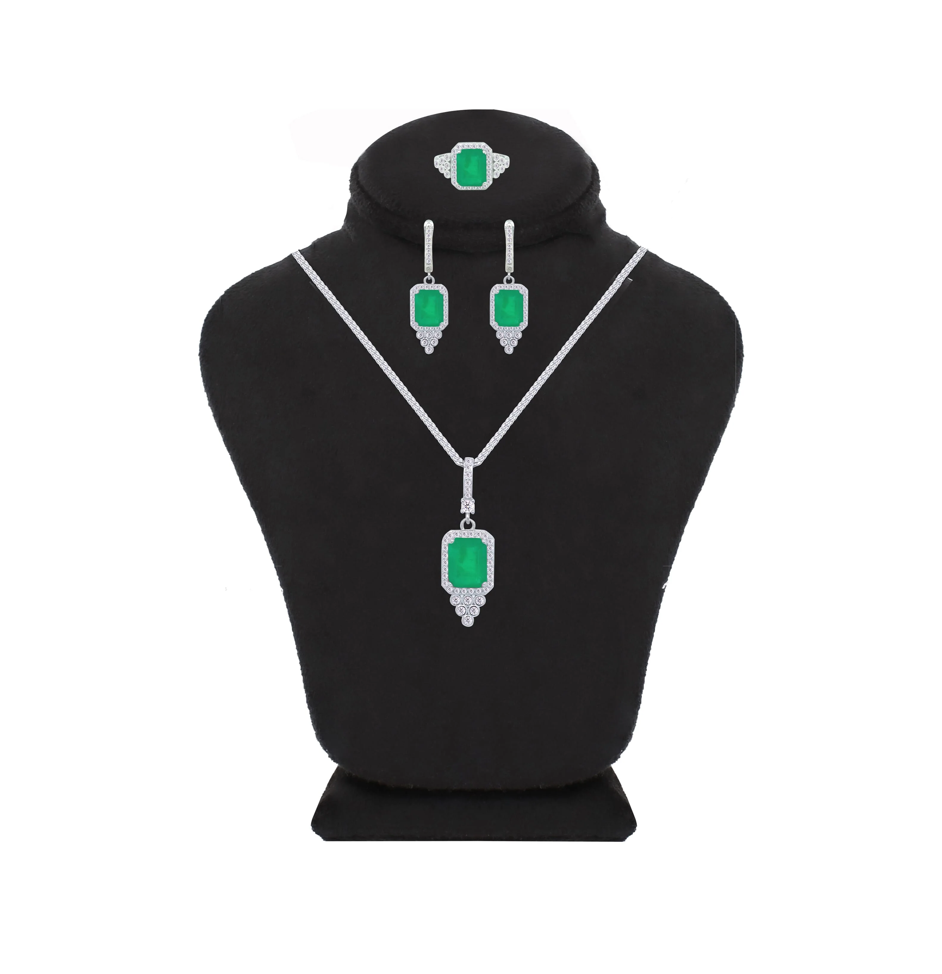 Asfour Crystal Jewelry Set With Decorative Emerald Design In 925 Sterling Silver-SD0051-G-8