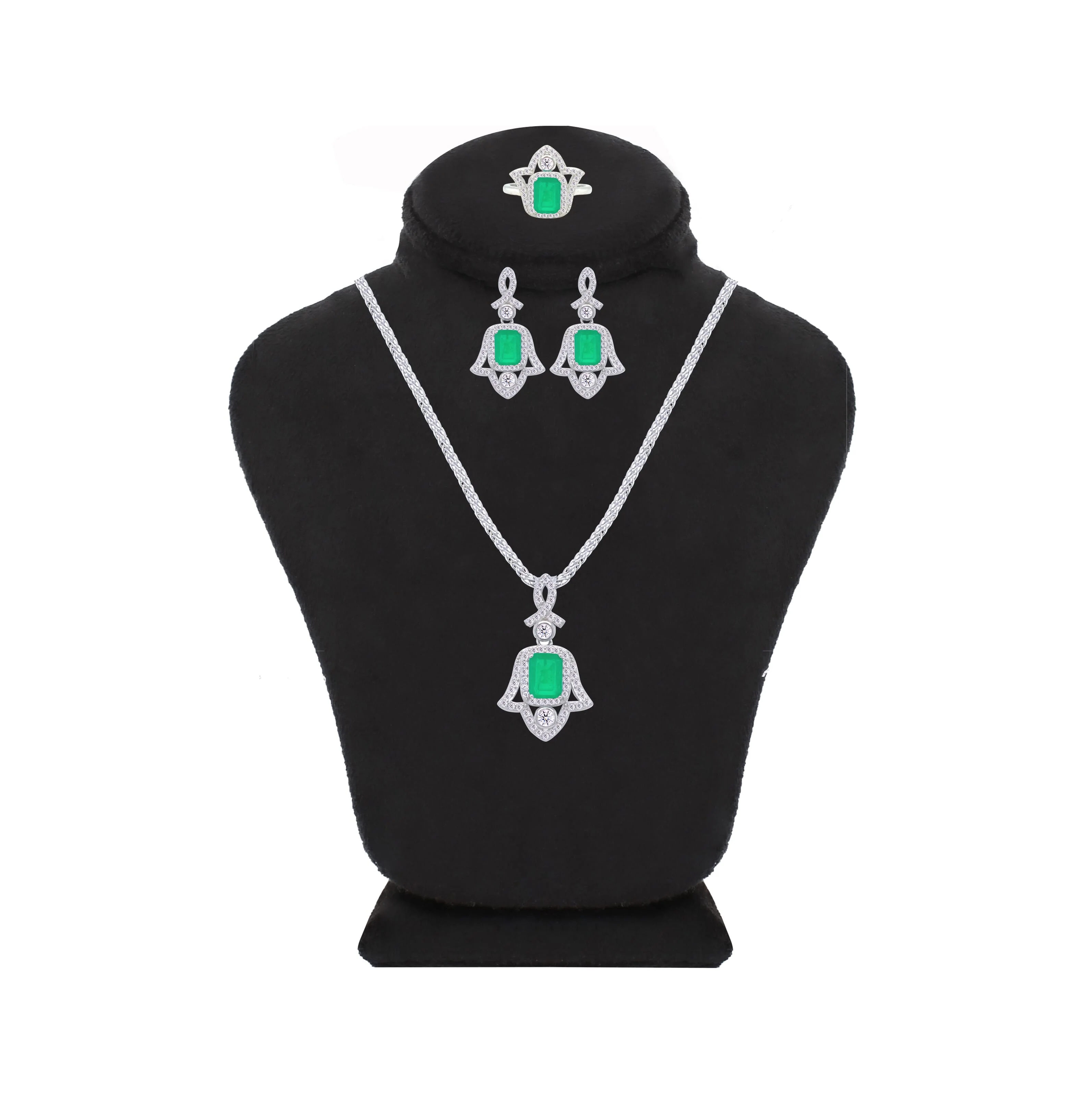 Asfour Crystal Jewelry Set With Decorative Emerald Hamsa Design In 925 Sterling Silver-SD0053-G-8