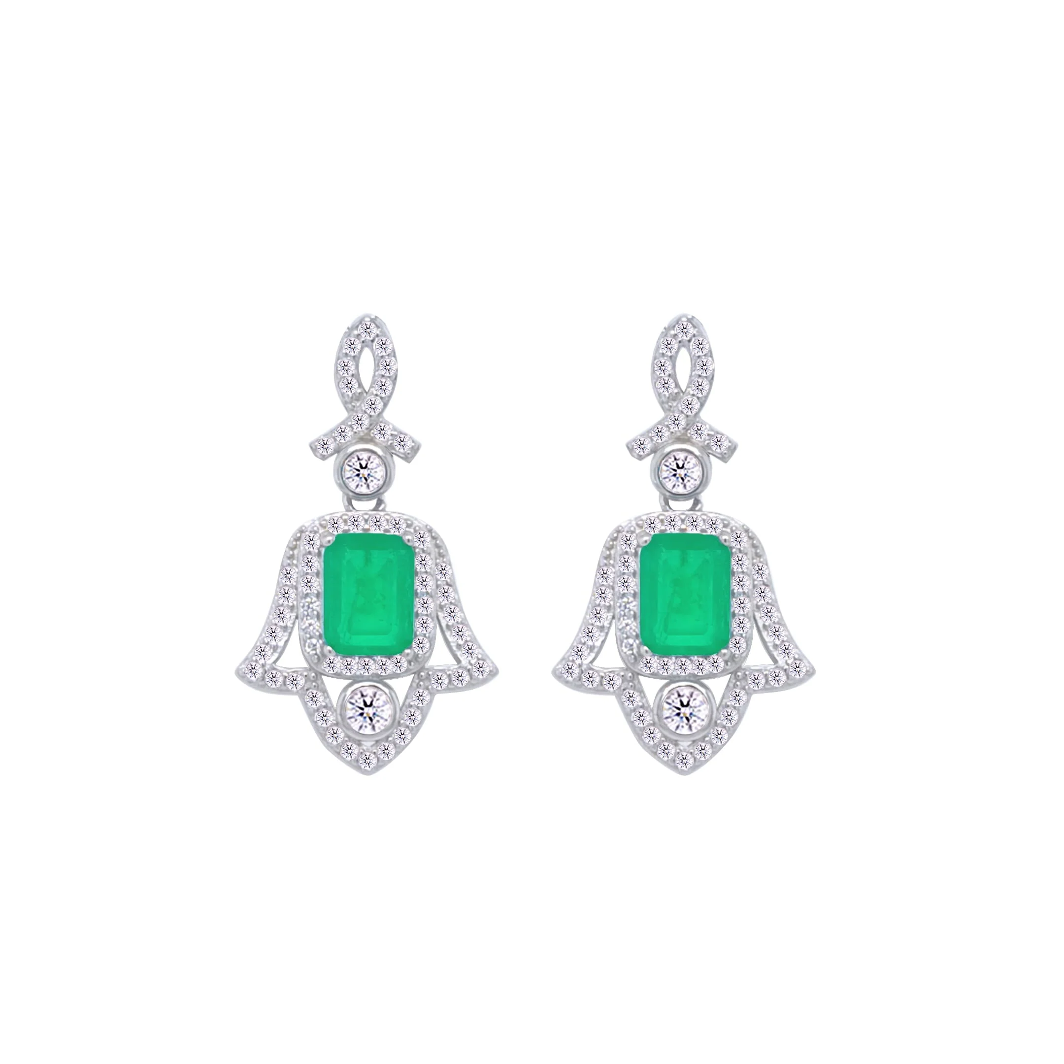 Asfour Crystal Jewelry Set With Decorative Emerald Hamsa Design In 925 Sterling Silver-SD0053-G-9 - Image 3