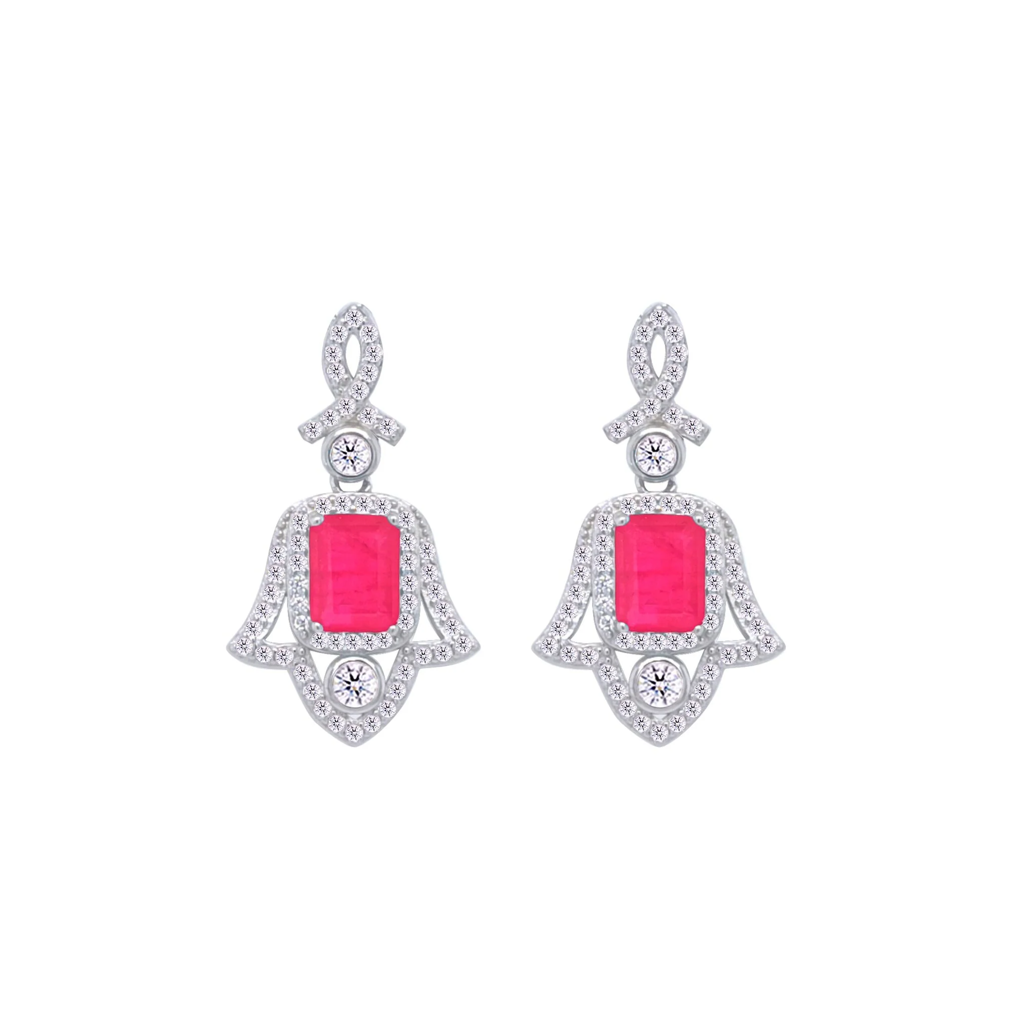 Asfour Crystal Jewelry Set With Decorative Fuchsia Hamsa Design In 925 Sterling Silver-SD0053-F-8 - Image 3