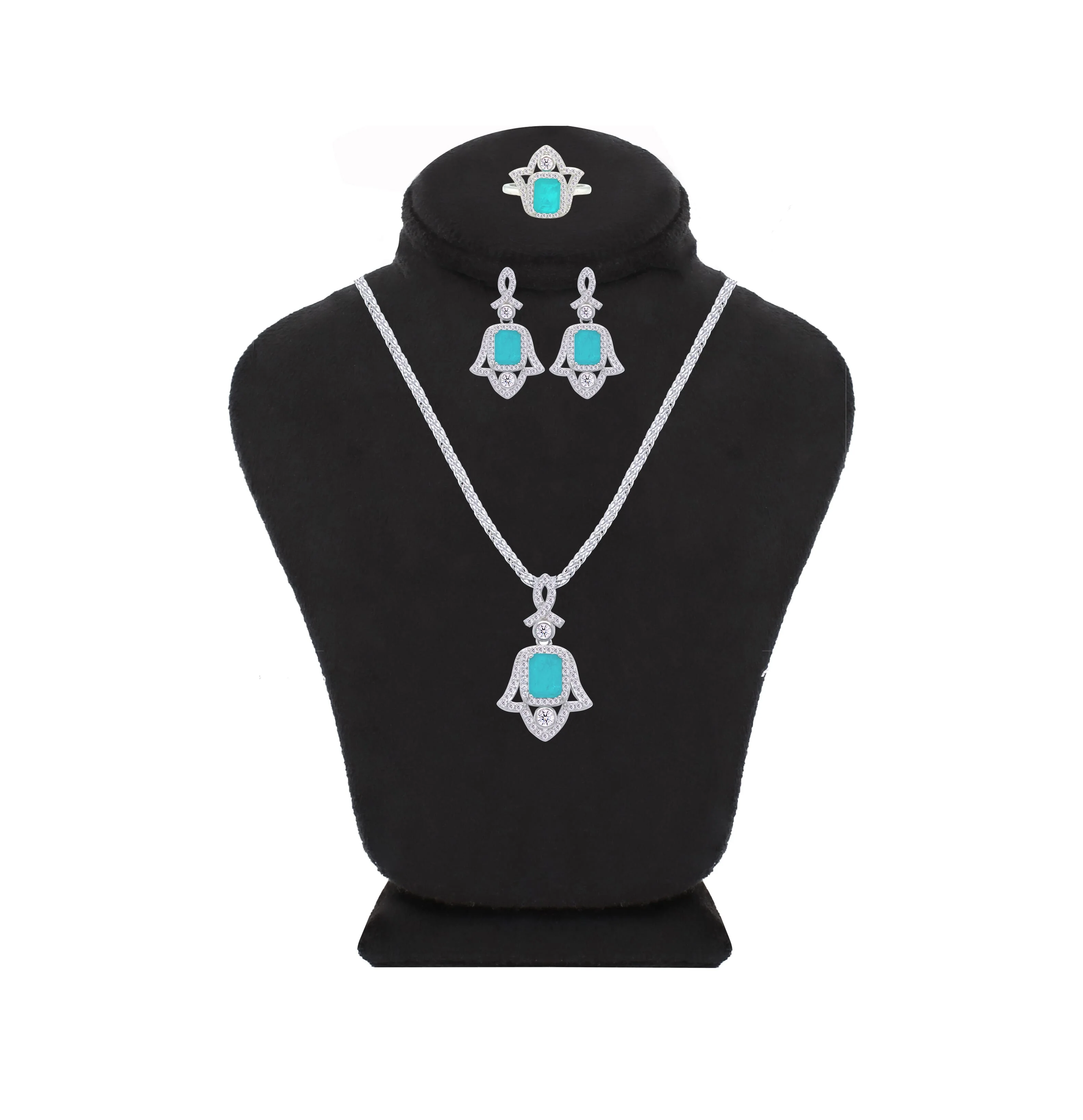Asfour Crystal Jewelry Set With Decorative Turquoise Hamsa Design In 925 Sterling Silver-SD0053-GC-8