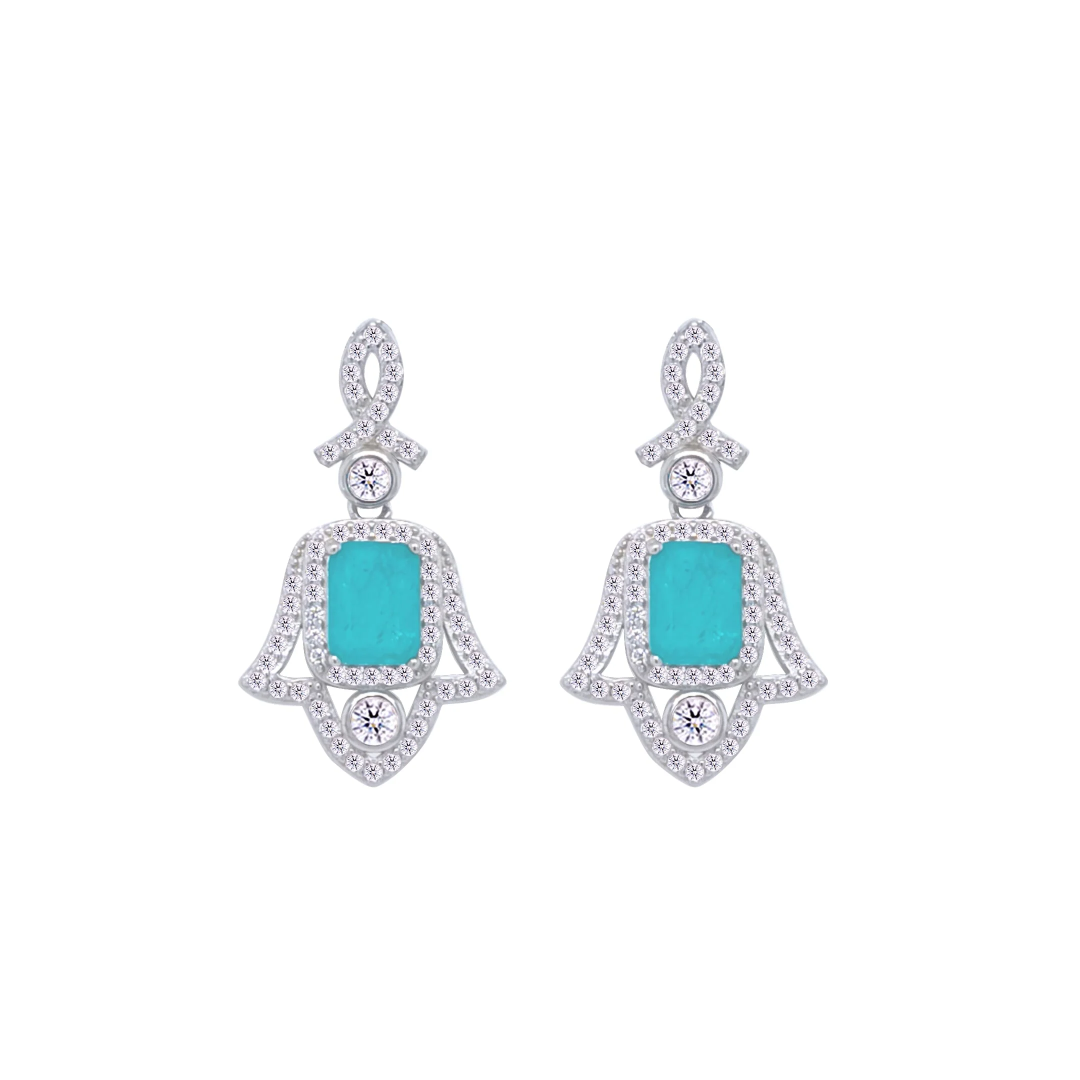 Asfour Crystal Jewelry Set With Decorative Turquoise Hamsa Design In 925 Sterling Silver-SD0053-GC-8 - Image 3