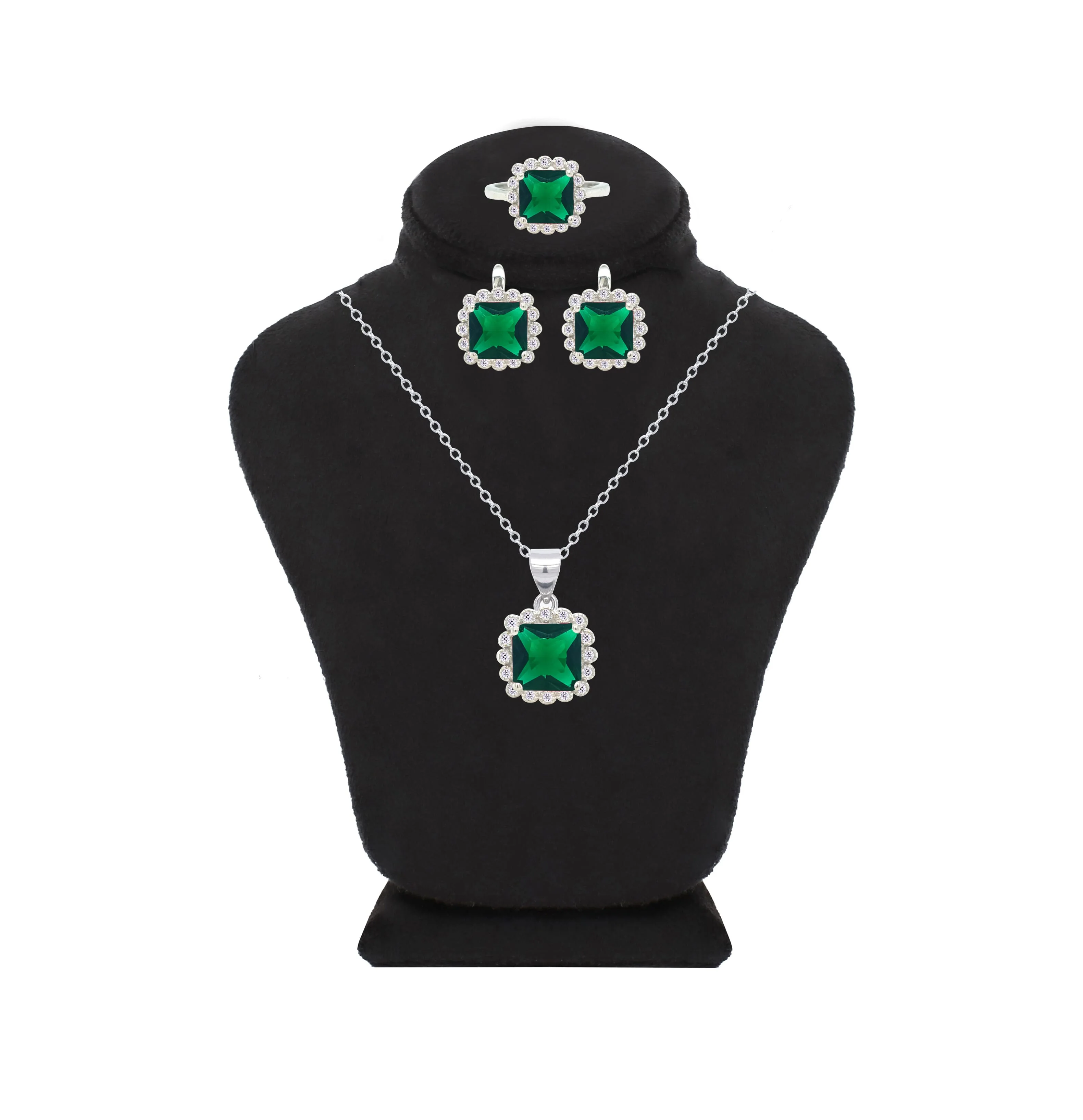 Asfour Crystal Jewelry Set With Emerald Square Design In 925 Sterling Silver-SD0108-G-7